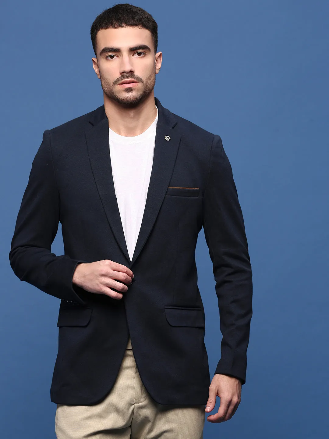 Tear Resistant Panels Zip Pockets Men's Navy Blue Slim Fit Single Breasted Notched Lapel Collar Cotton Blazers