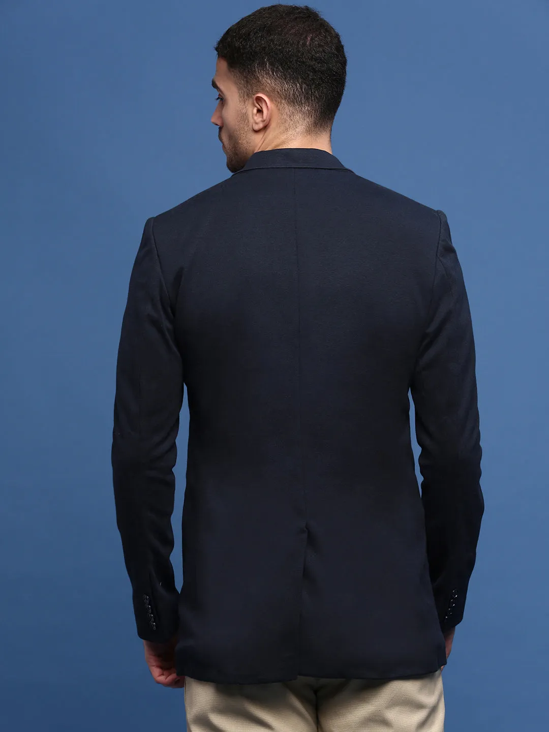 Men's Navy Blue Slim Fit Single Breasted Notched Lapel Collar Cotton Blazers Reinforced Shoulder Padding Bright Color