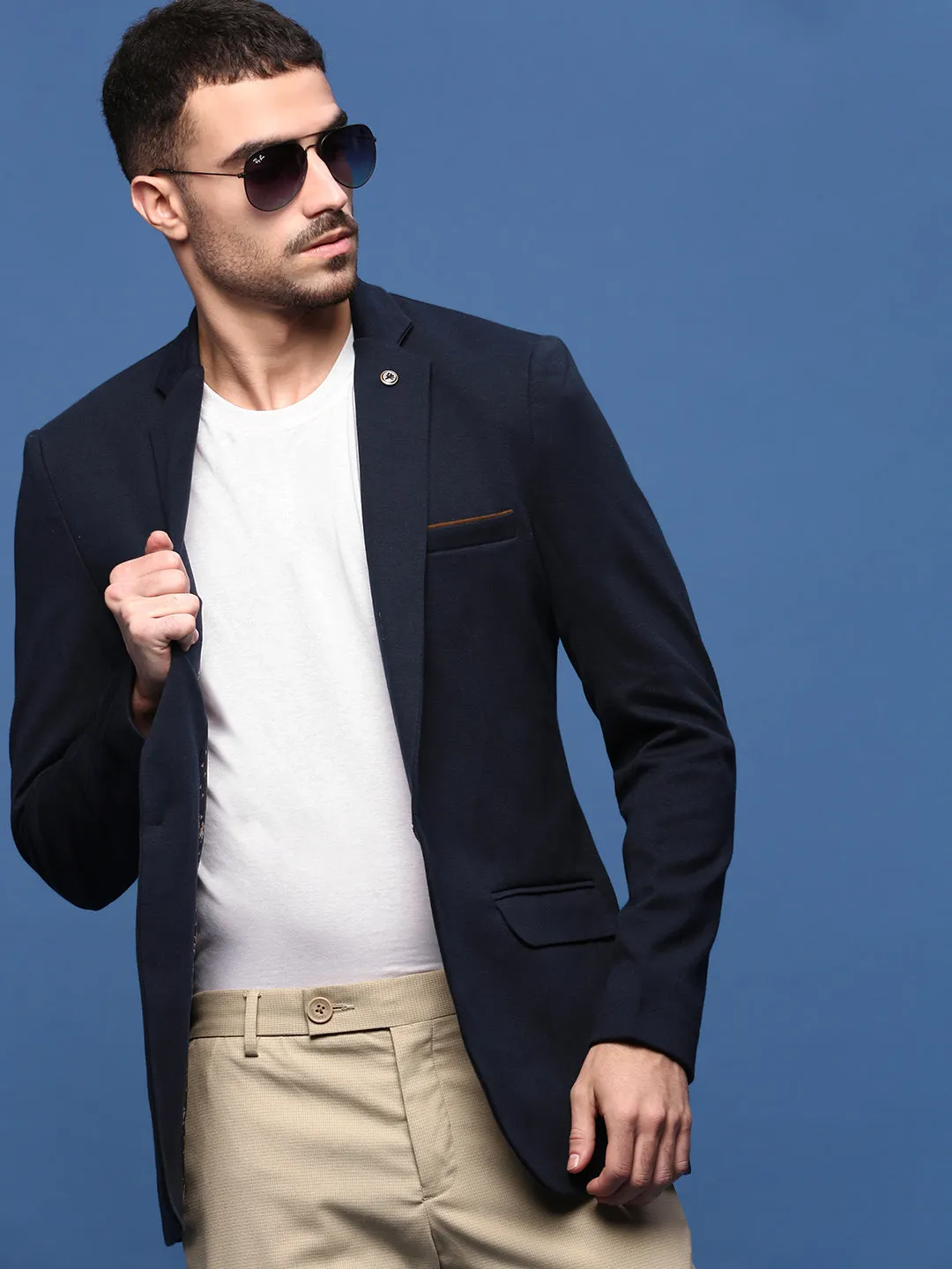 Soft Interior Brushing Oversized style Men's Navy Blue Slim Fit Single Breasted Notched Lapel Collar Cotton Blazers