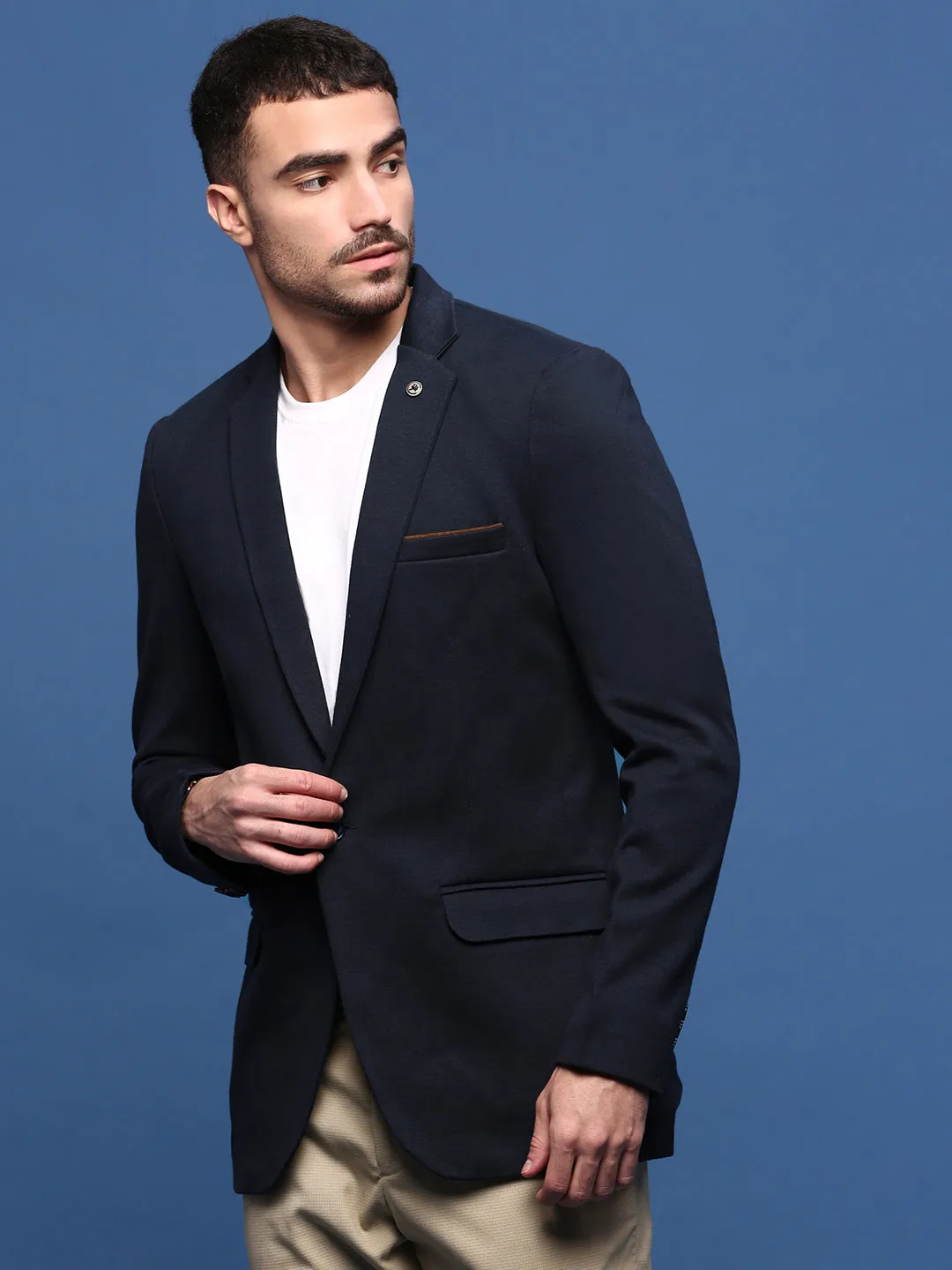 Hike Fit AntiStaticFinish Men's Navy Blue Slim Fit Single Breasted Notched Lapel Collar Cotton Blazers