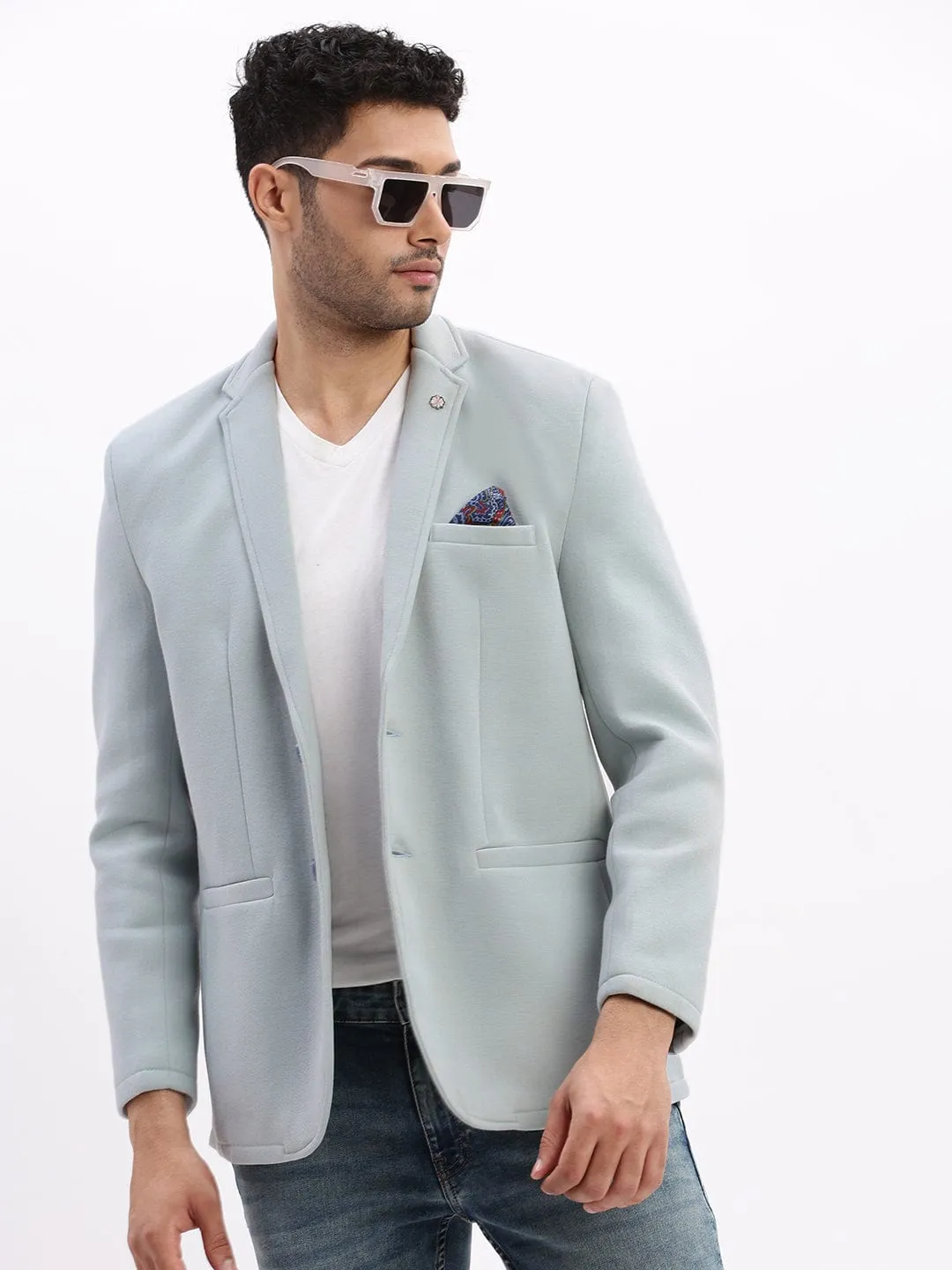 Men's Blue Slim-Fit Single-Breasted Notched Lapel Collar Casual Blazer TemperatureRegulating Tech Lightweight insulation