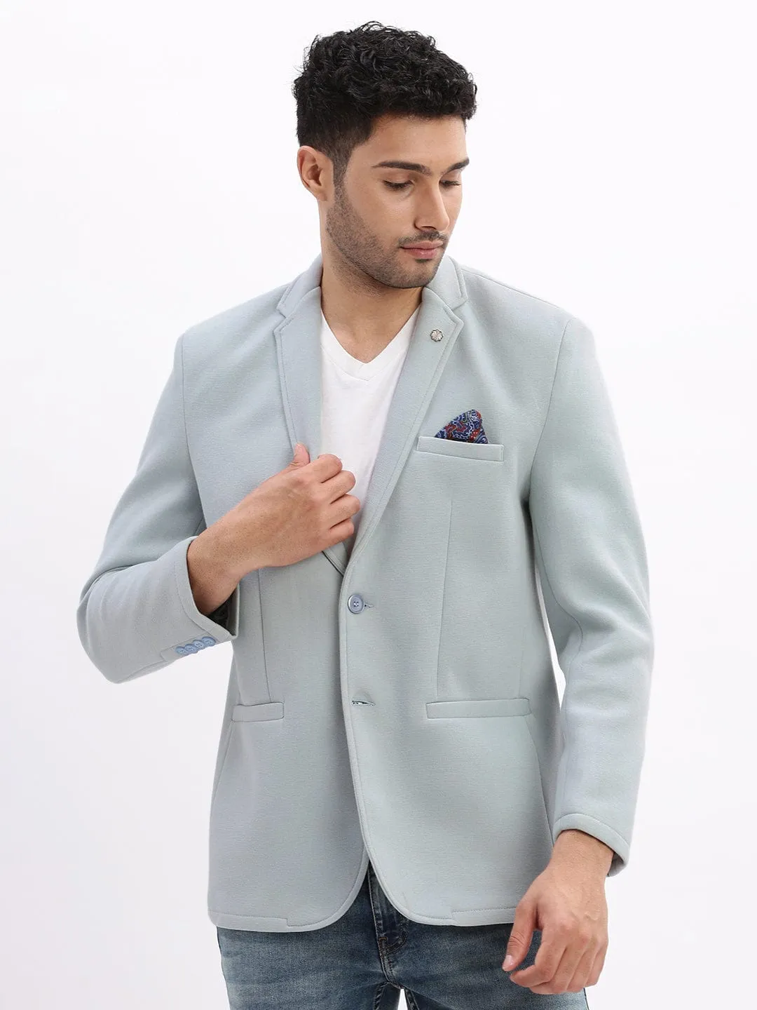 Men's Blue Slim-Fit Single-Breasted Notched Lapel Collar Casual Blazer Clean Street Look Crisp Clean Fit