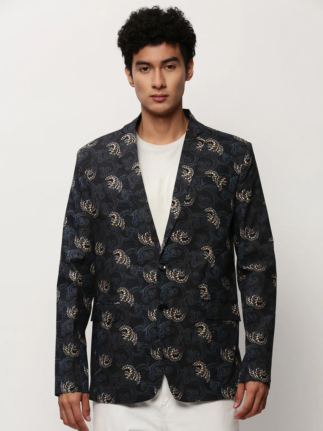 Quick Release Buckles Practical Design Men's Black Printed Notched Lapel Single Breasted Blazer