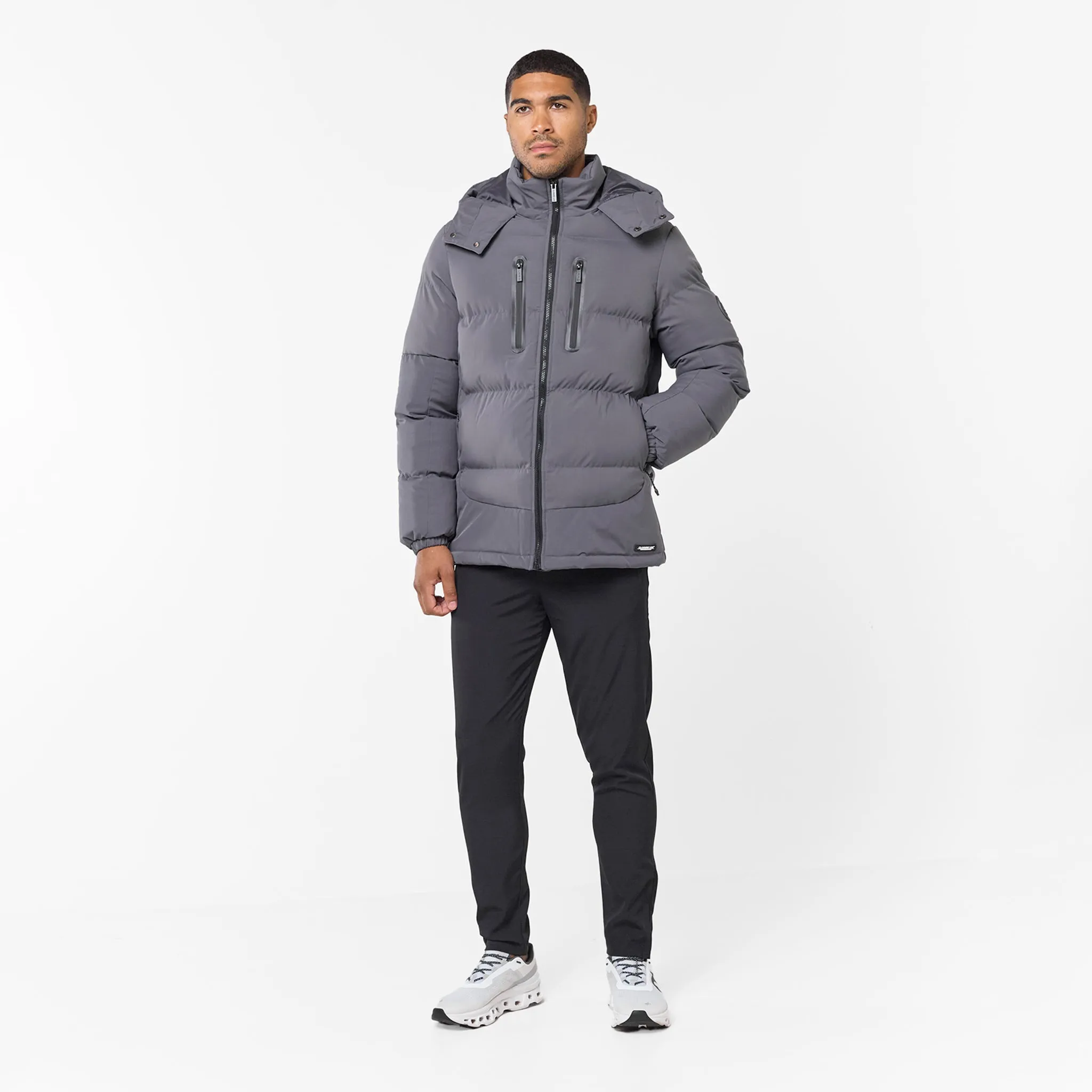 Layered Wind Barrier Contrast Fabric Puffer Jacket | Charcoal