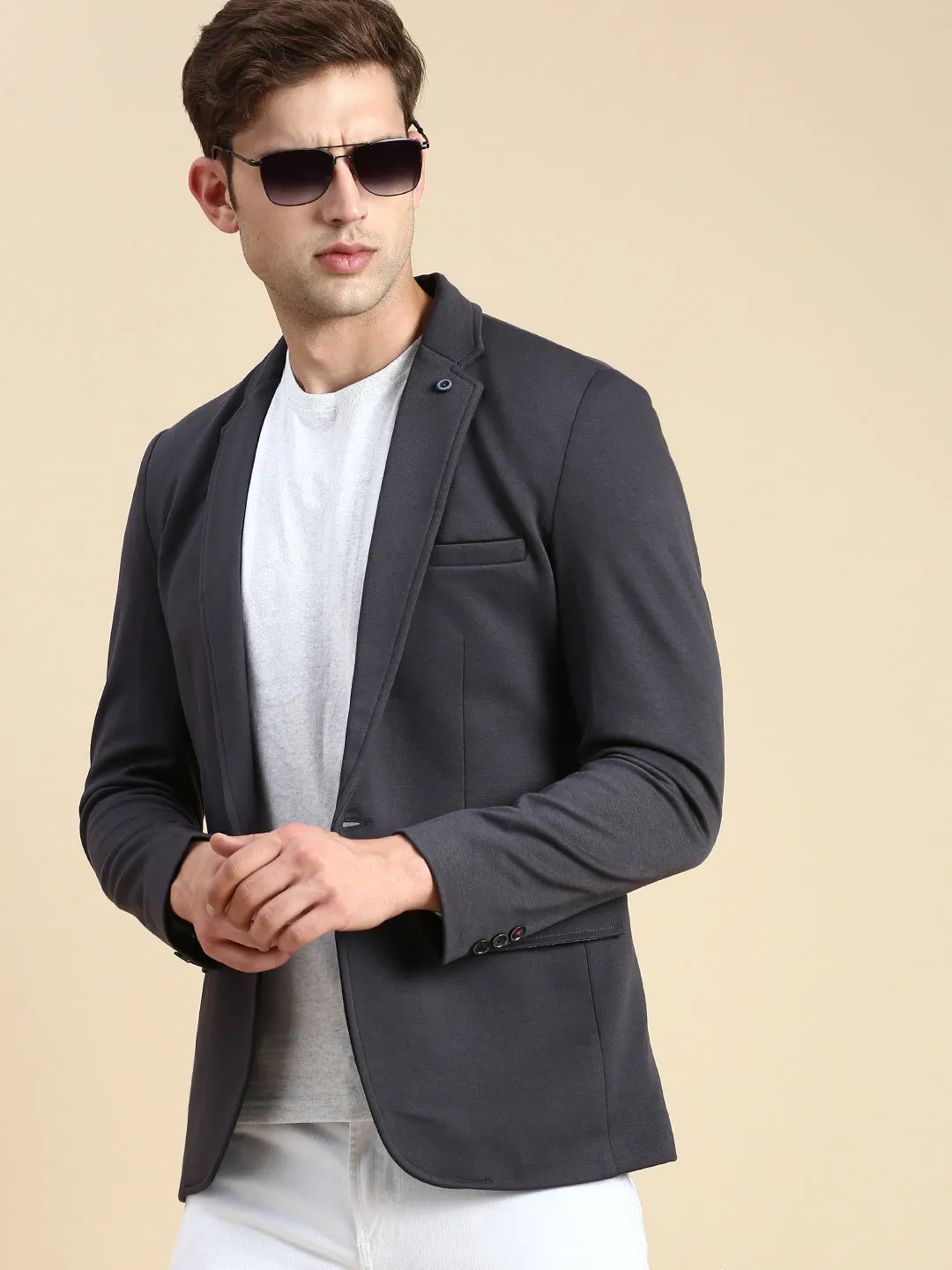 Men's Grey Slim-Fit Single Breasted Blazer Transitional Layer
