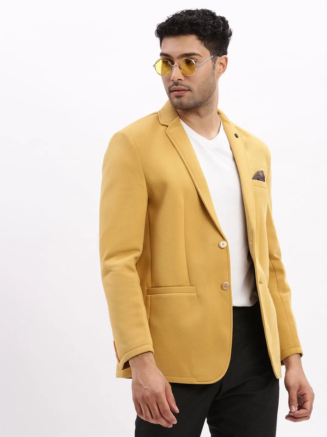 Men's Mustard Slim-Fit Notched Lapel Collar Single Breasted Cotton Casual Blazer Smart Casual Piece