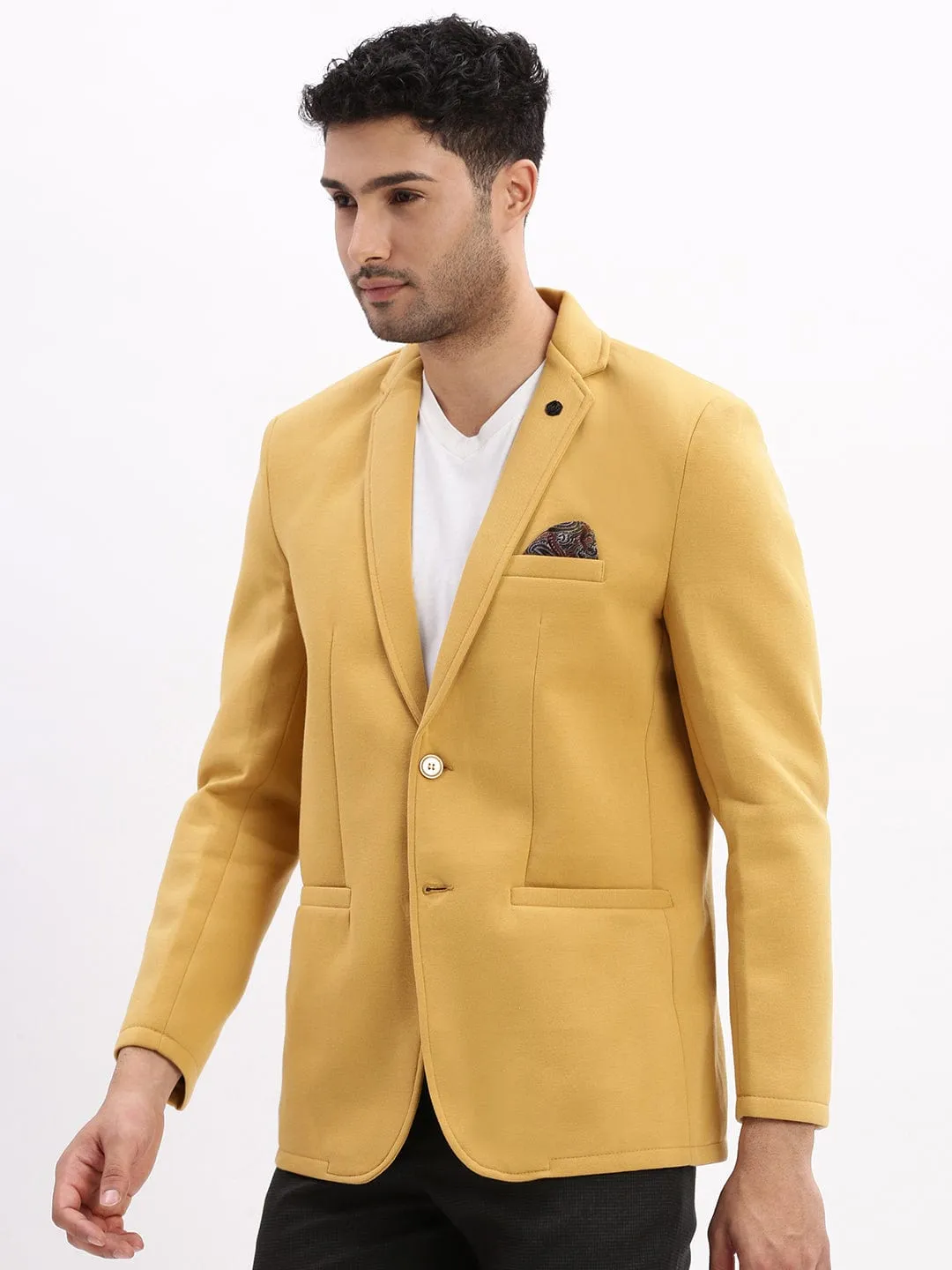 Stretch Material Climate Adaptive Design Men's Mustard Slim-Fit Notched Lapel Collar Single Breasted Cotton Casual Blazer