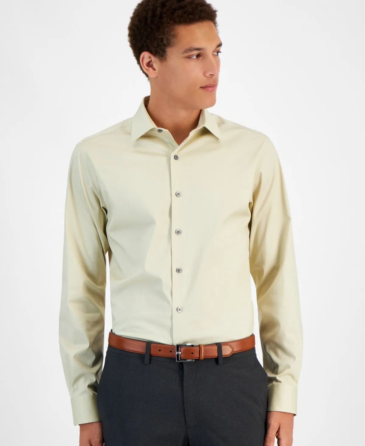 Contemporary Design Alfani Dress Shirt Men'sBrown Rice Long Sleeve Slim Fit FTS340