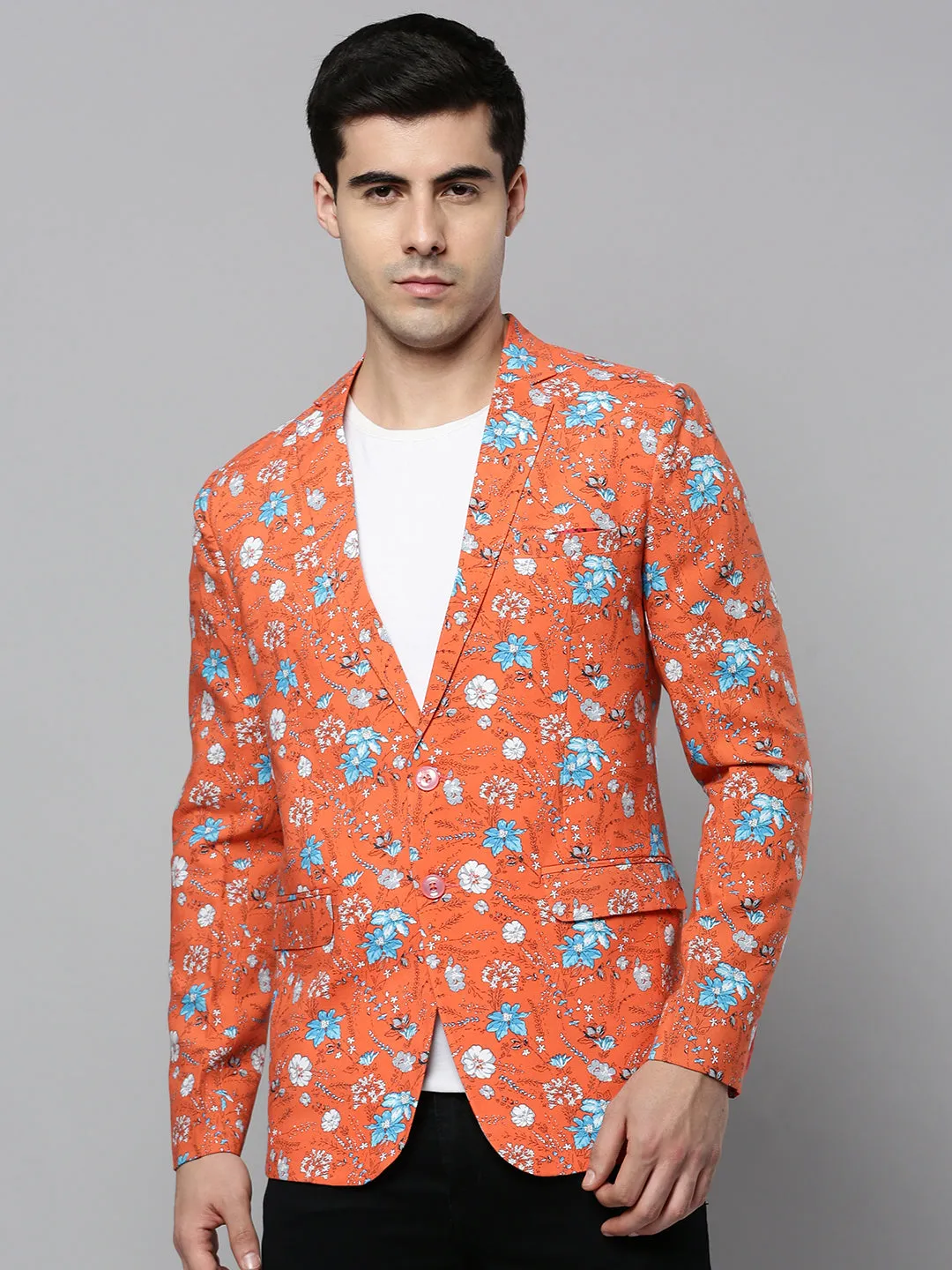 Reflective accents TearResistantOuter Men's Coral Floral Printed Slim-Fit Single Breasted Blazer