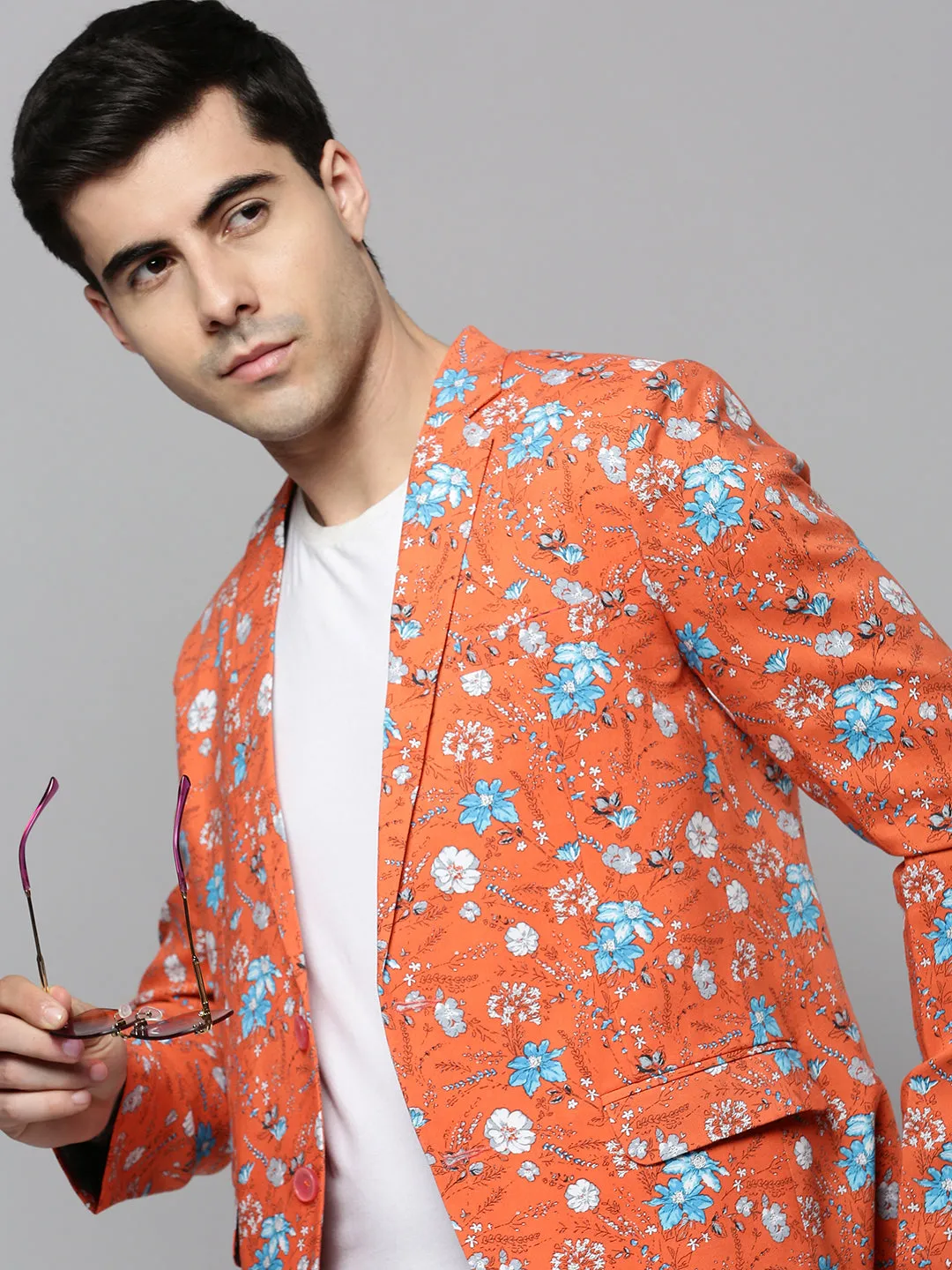 Men's Coral Floral Printed Slim-Fit Single Breasted Blazer Classic Zip Up Taped Seam Technology
