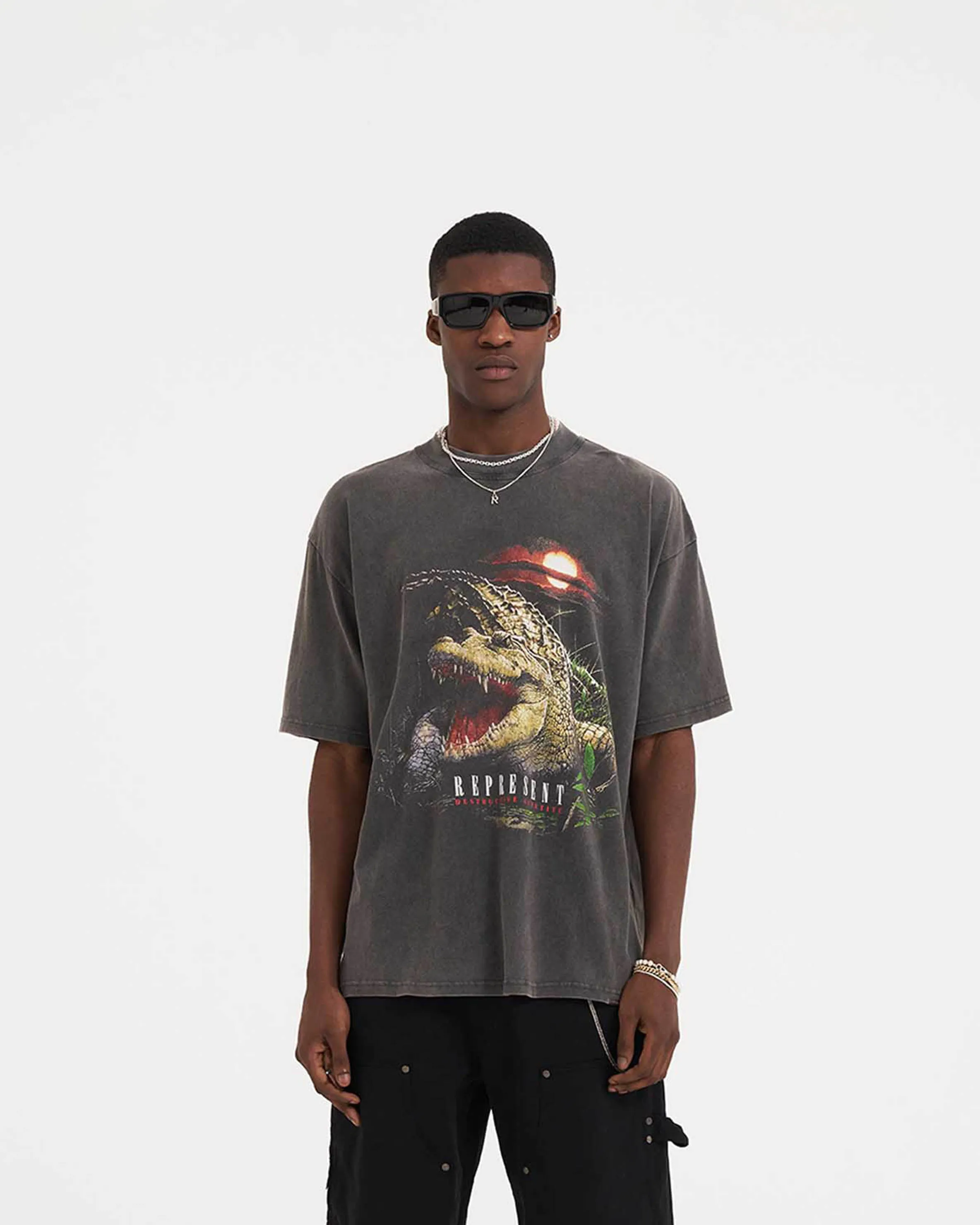 Reinforced Hems Water Based Ink Print Destructive Appetite T-Shirt - Vintage Grey