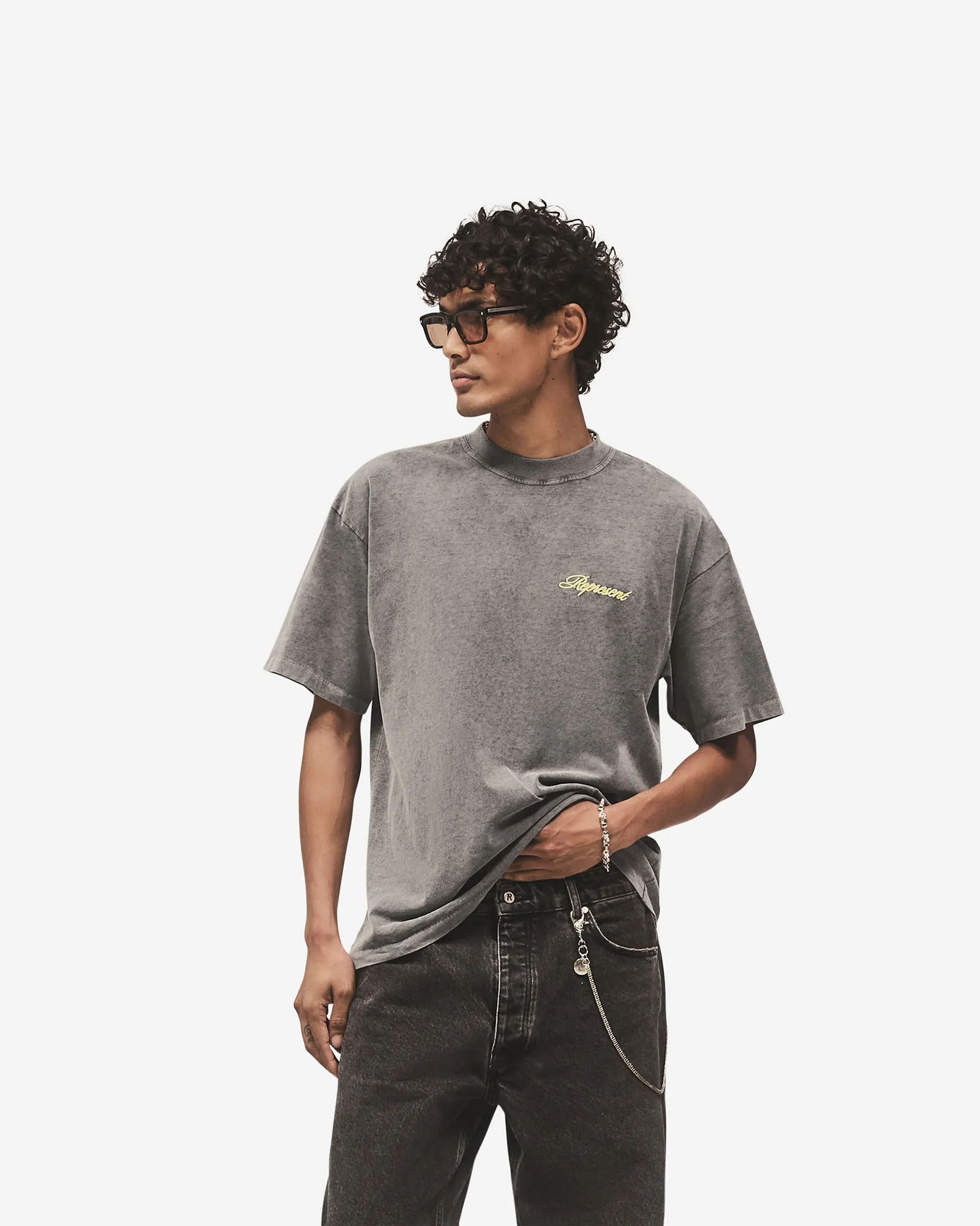 Contrast Inner Binding Active Design Script Logo T-Shirt - Vintage Grey