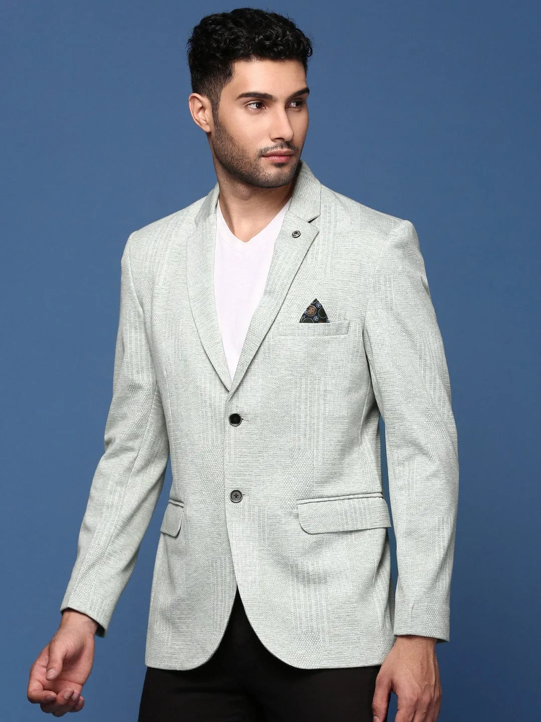 Men's Green Slim Fit Self Design Single Breasted Blazer Flexible Fleece Lining ElasticizedWaistbandSystem