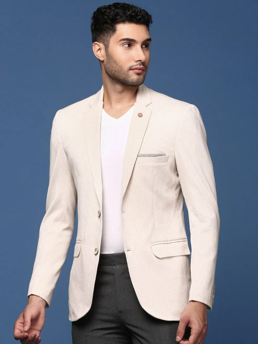Men's Cream Slim Fit Single Breasted Casual Blazer Windproof Material