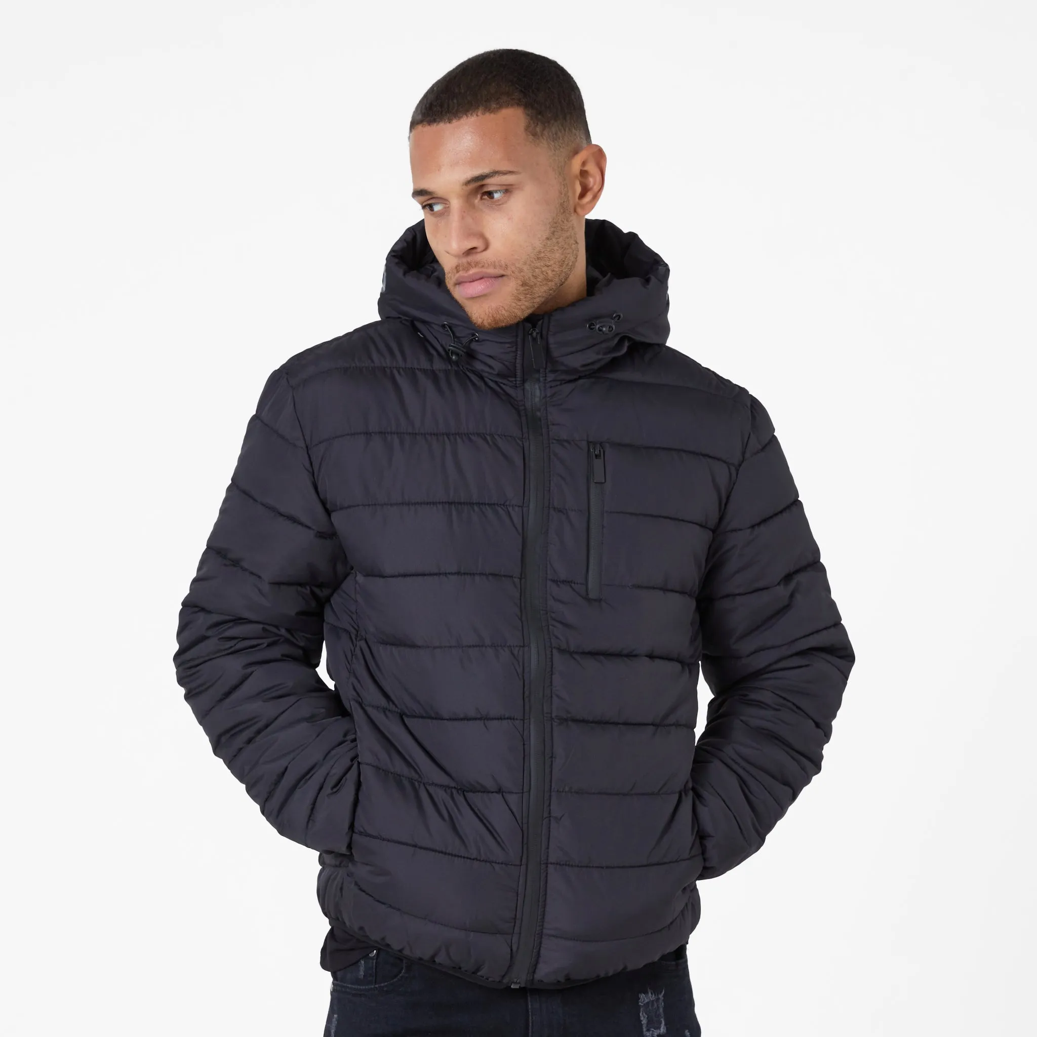 Logo Hood Puffer | Gloss Black AdjustableDrawcordHem Travel Street Style