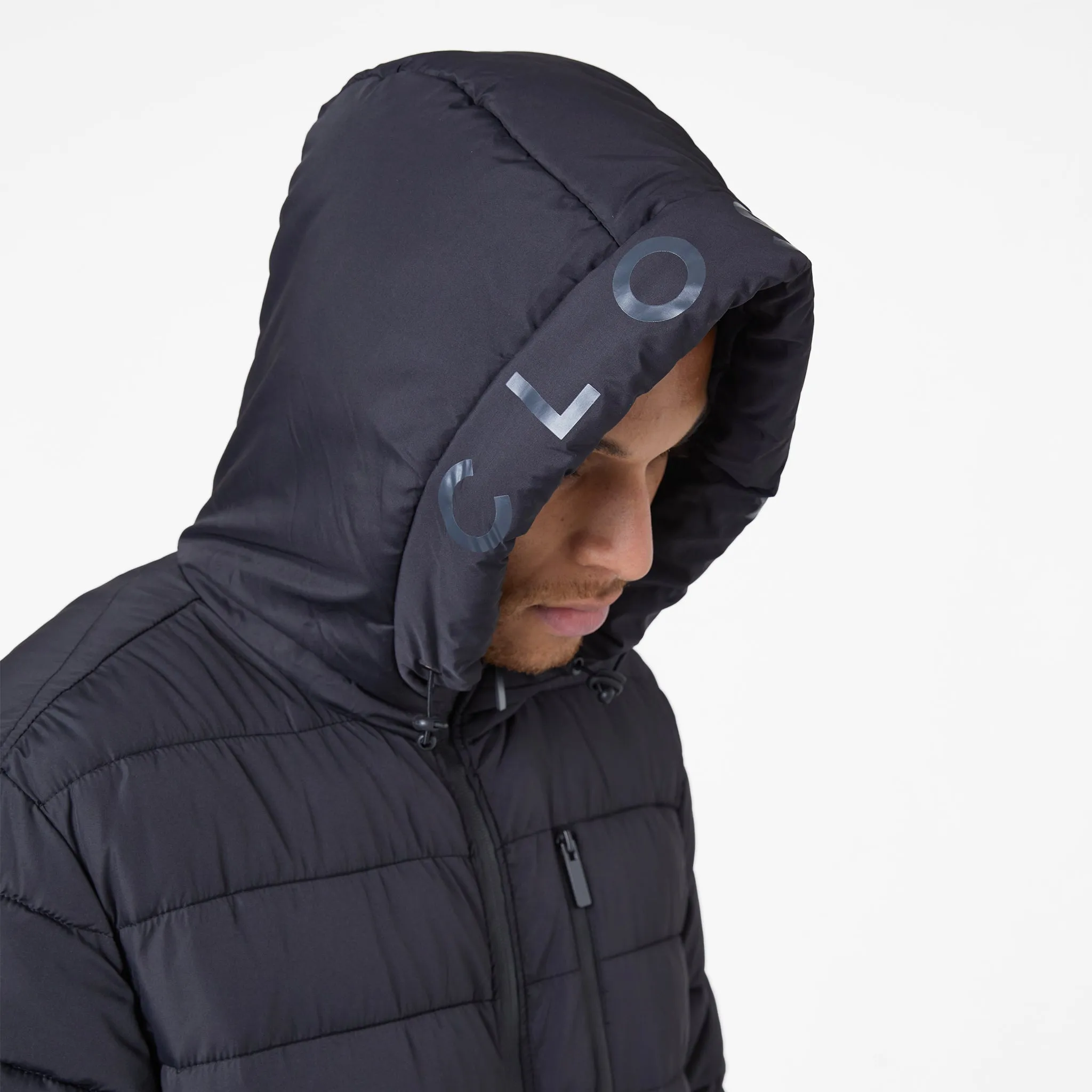 Logo Hood Puffer | Gloss Black Adjustable Cuff Lightweight Polyester Blend