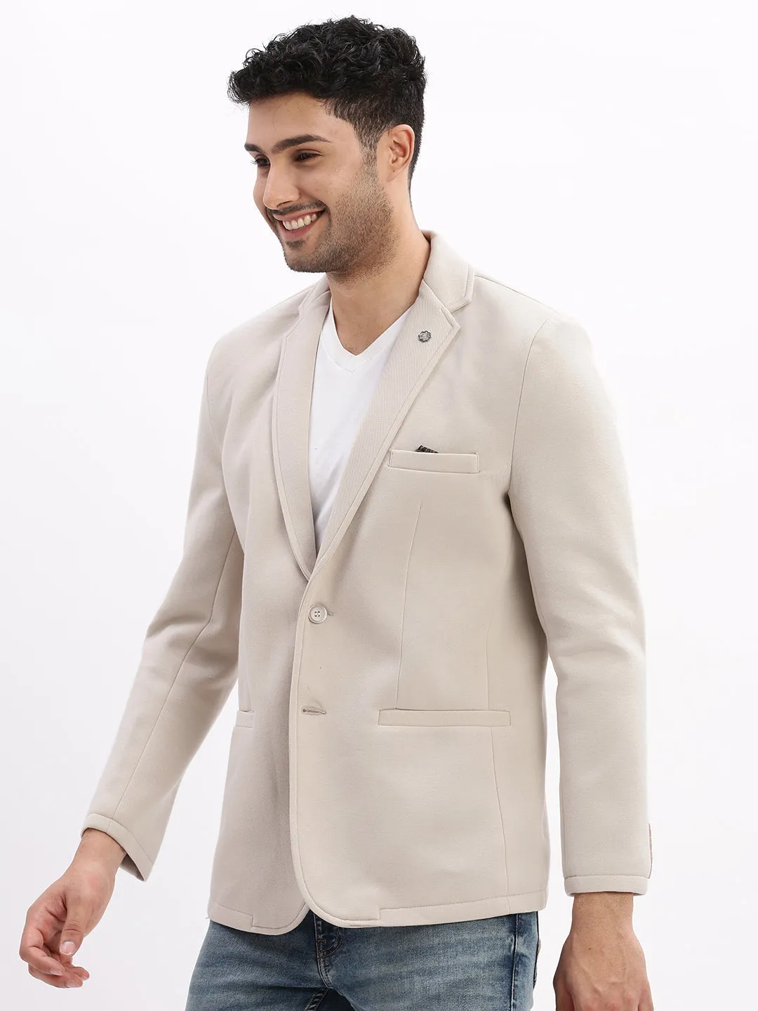 Single Breasted Urban Fit Look Men's Beige Solid Single Breasted Blazer