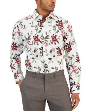 Bar Iii Dress Shirt Men's  White Floral Slim-Fit Oxford Business FTS88 Outerwear Companion Loose style