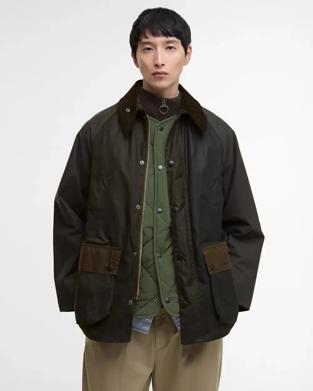 Strong Stitches Reflective details Barbour Patchwork Oversized Bedale Waxed Jacket Sage Multi