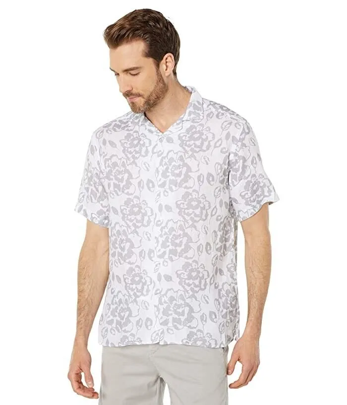 Durable Thread Construction Customizable Design Benson Malibu Shirt Men's  White Gray Floral 100% Linen Button-Up JDM932
