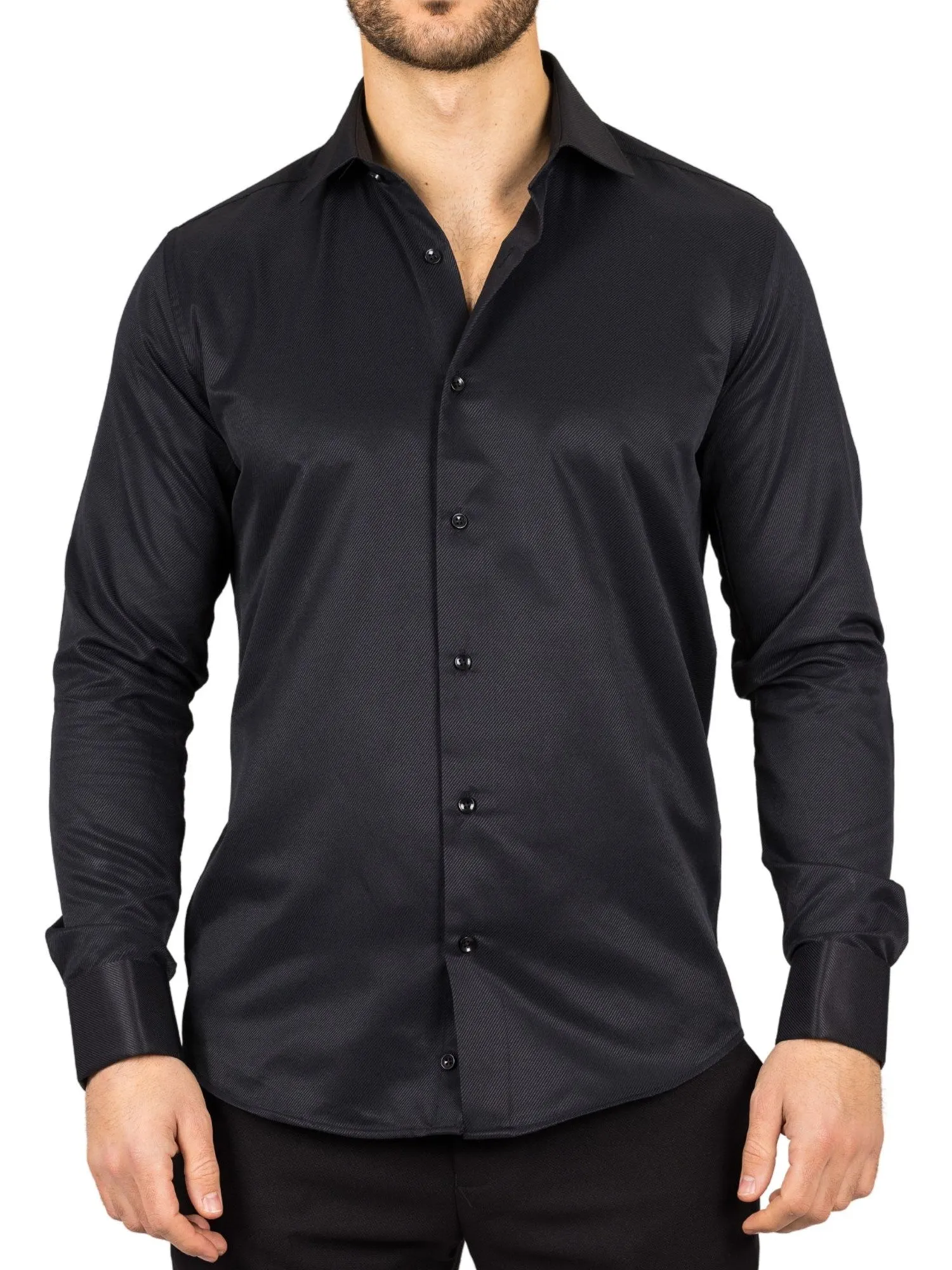 Black Long Sleeve Regular Fit Double Cuff Twill Oxford Shirt Anti Cling Fabric