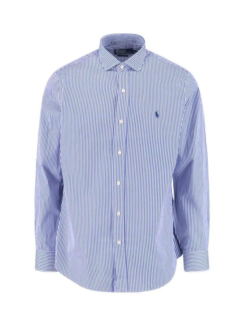 Runway Inspired Blue And White Striped Button-Down Shirt With Embroidered Logo