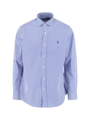 Runway Inspired Blue And White Striped Button-Down Shirt With Embroidered Logo