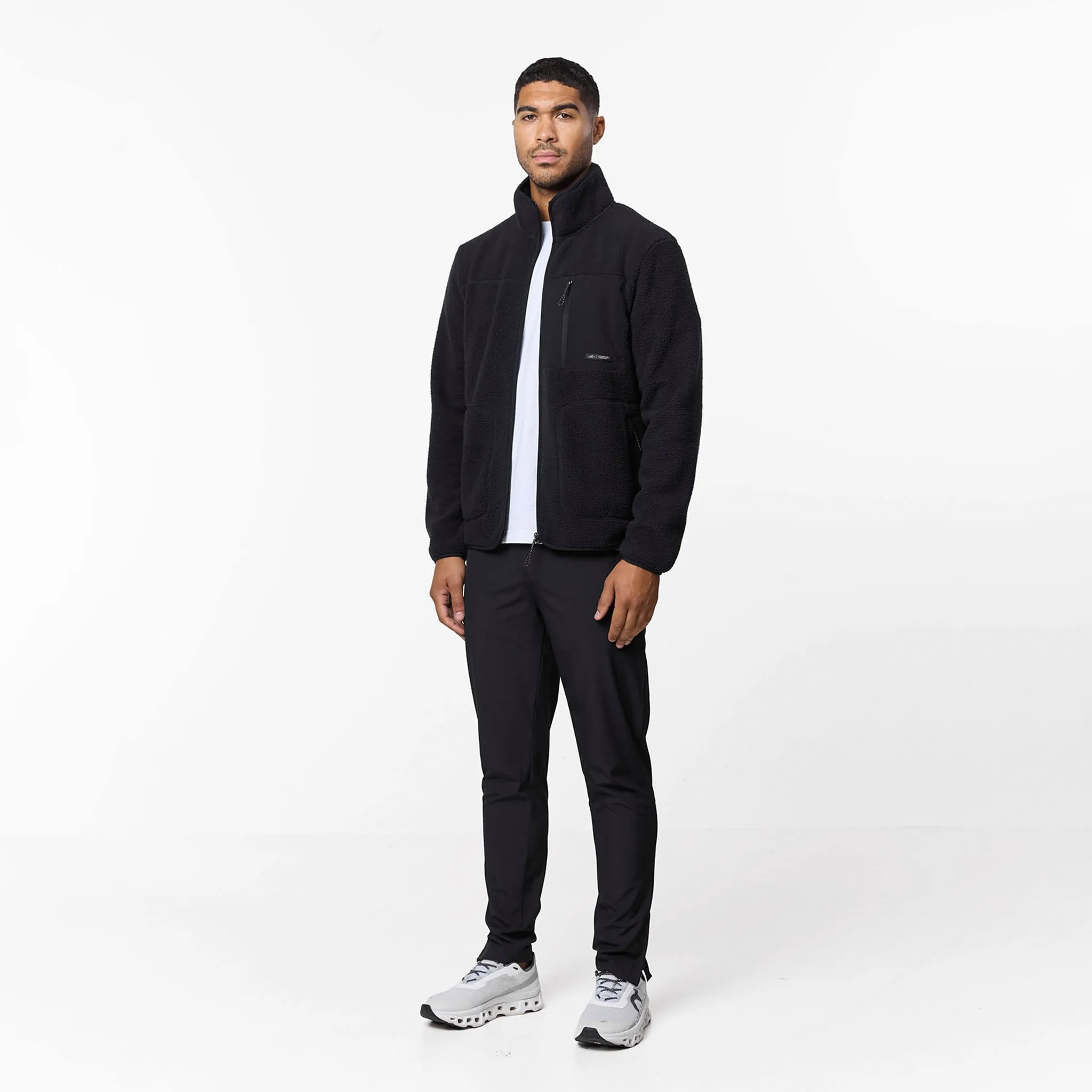 Borg Tech Zip Through Jacket | Black No Collar