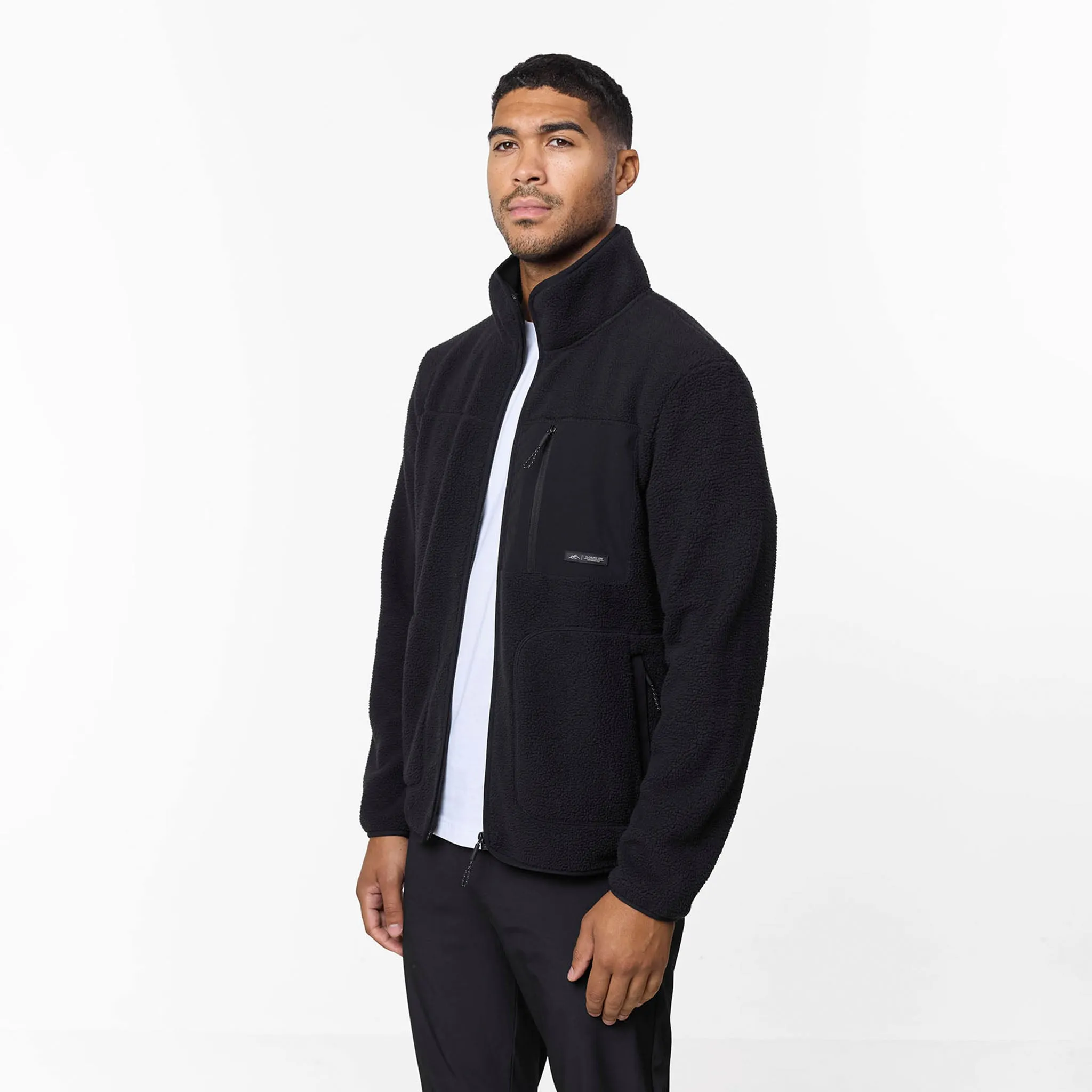 Flat Lock Stitching Borg Tech Zip Through Jacket | Black