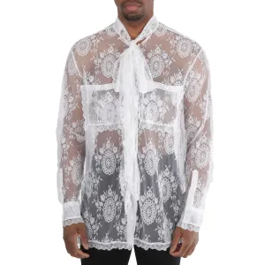 Burberry Optic White Oversized Tie-Neck Chantilly Lace Shirt Functional Pocket Modern Appeal