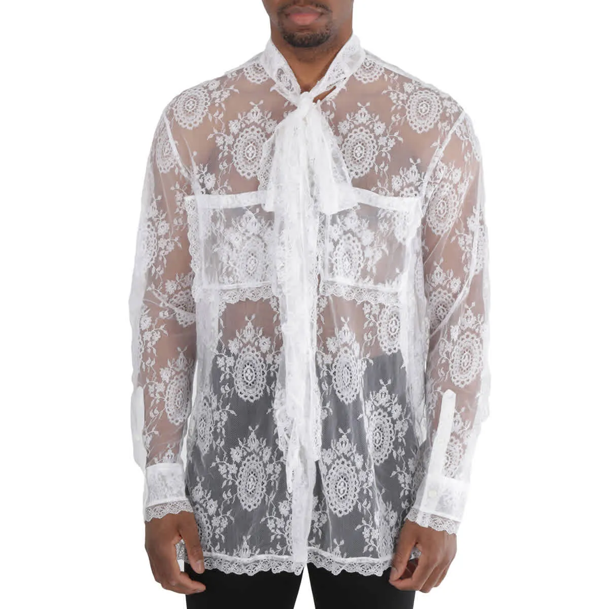 Performance Fabric Conference Appropriate Burberry Optic White Oversized Tie-Neck Chantilly Lace Shirt