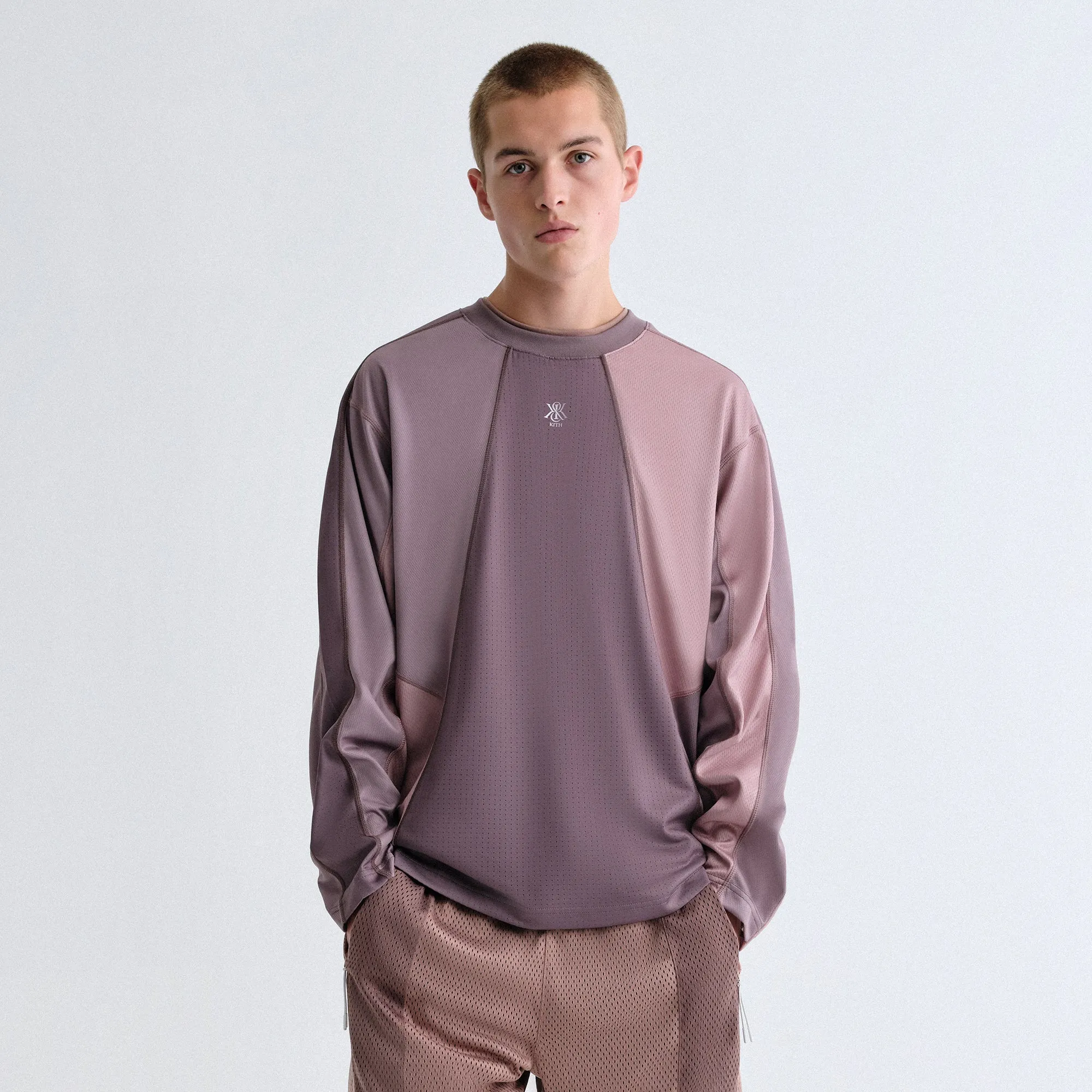 Kith Long Sleeve Panelled Otto Tee - Dusty Mauve Stretchable Collar Band