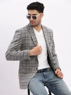 Men's Checked Grey Notched Lapel Collar Single Breasted Blazer Reversible Dual Layer