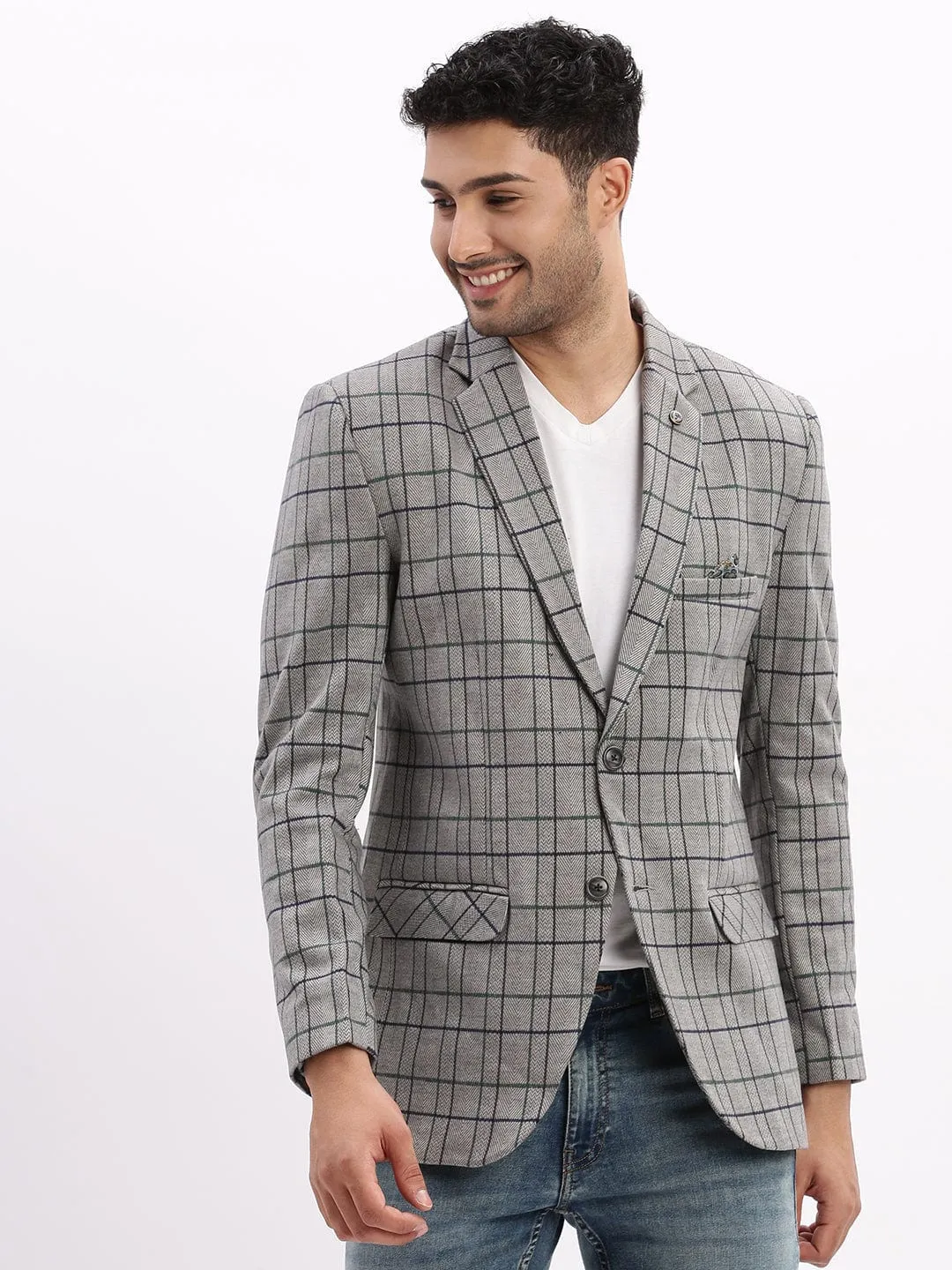 Men's Checked Grey Notched Lapel Collar Single Breasted Blazer Reinforced Zippers
