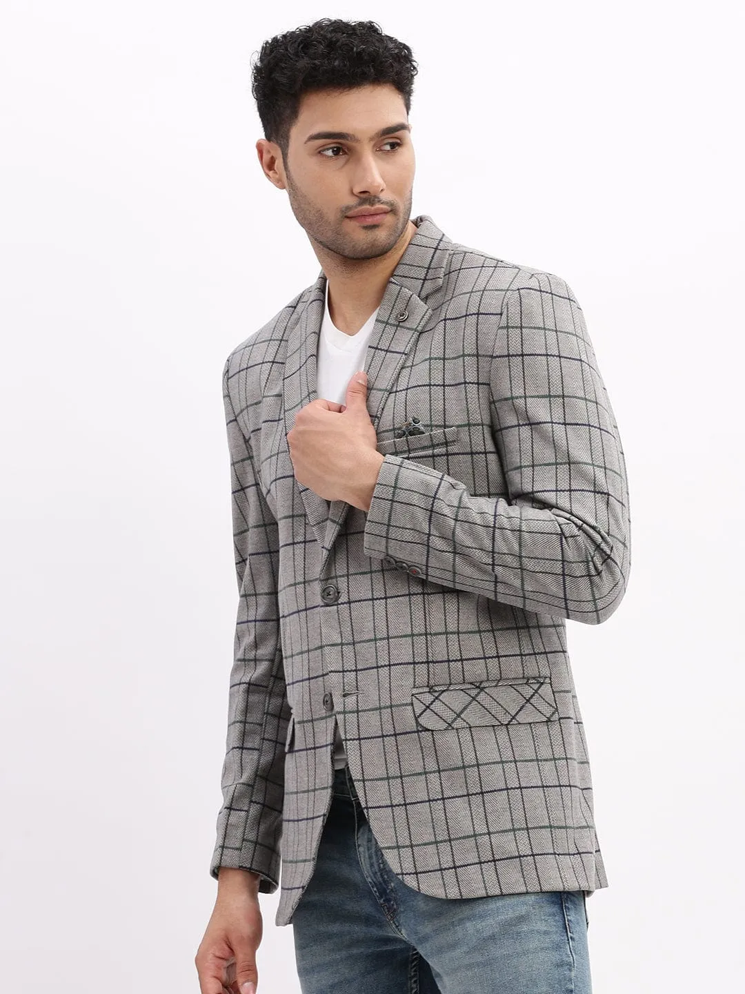 Men's Checked Grey Notched Lapel Collar Single Breasted Blazer Hard Cover