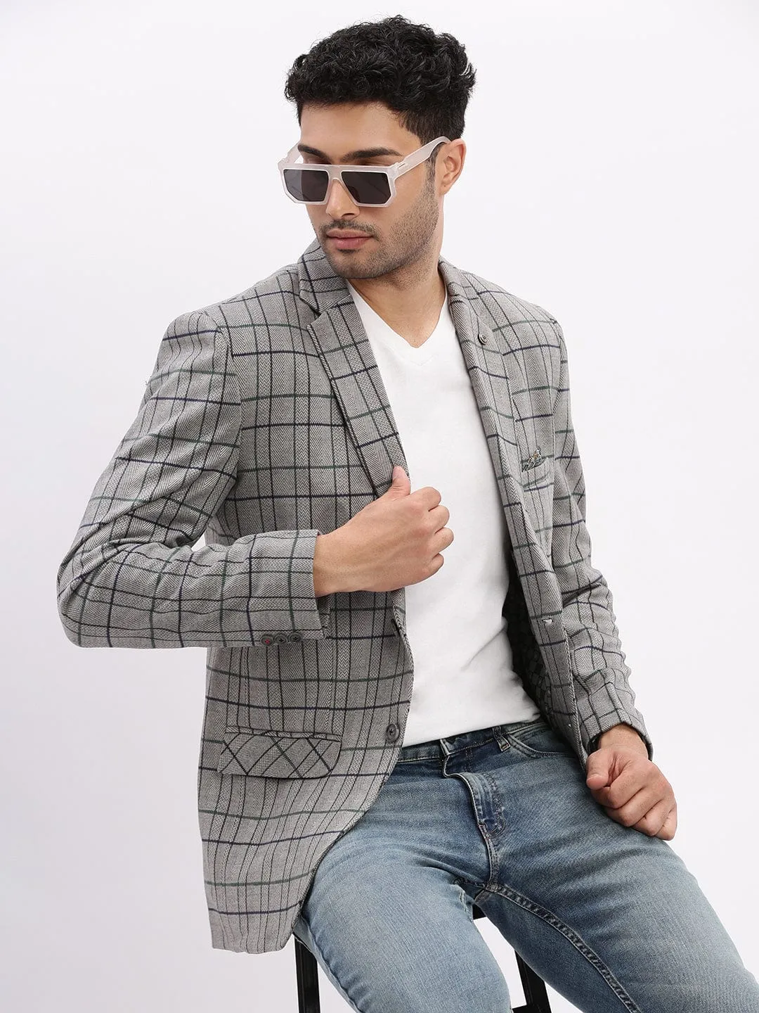 Men's Checked Grey Notched Lapel Collar Single Breasted Blazer Reversible Dual Layer