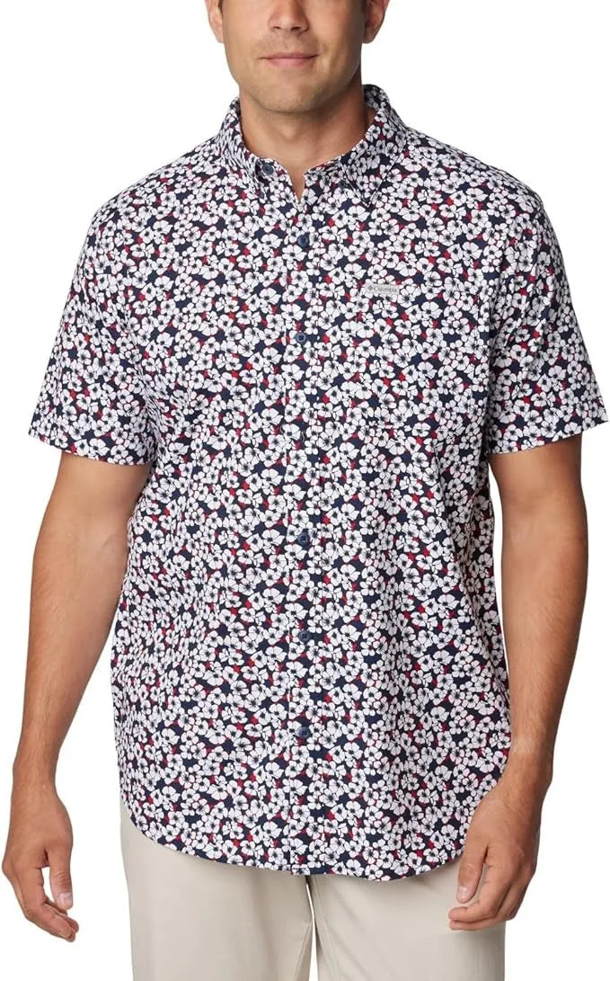 Columbia Rapid Rivers Shirt Men's Navy Floral Short Sleeve Button-Down FTS924 Tall Length Professional Look