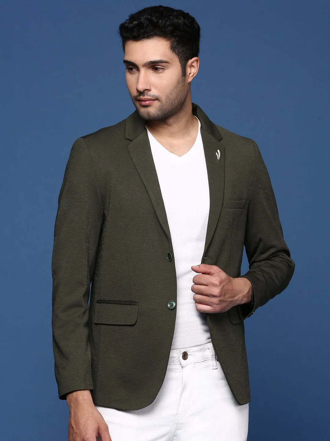 Men's Green Slim Fit Single Breasted Casual Blazer Multi Pocket