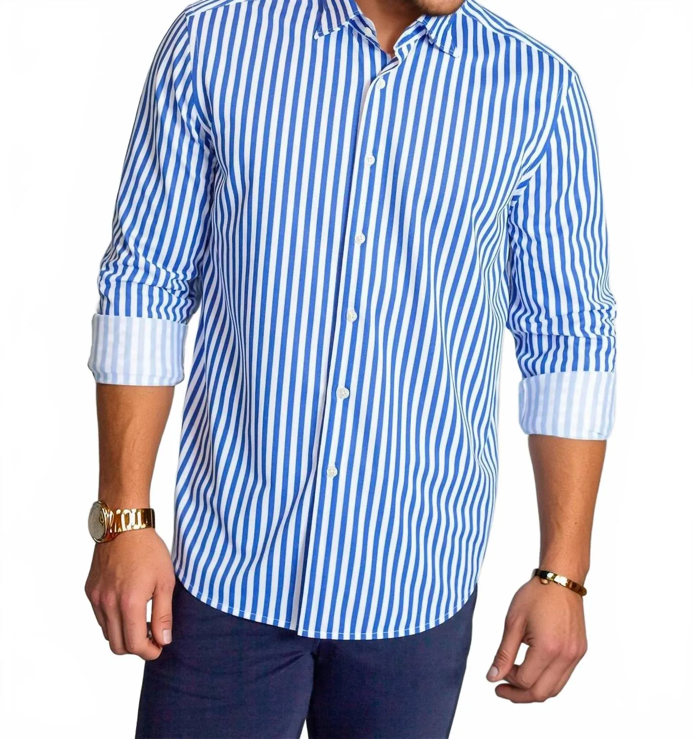 Interview Ready Modern Cut The Go Big Stripe Long Sleeve Tech Shirt In Royal Blue