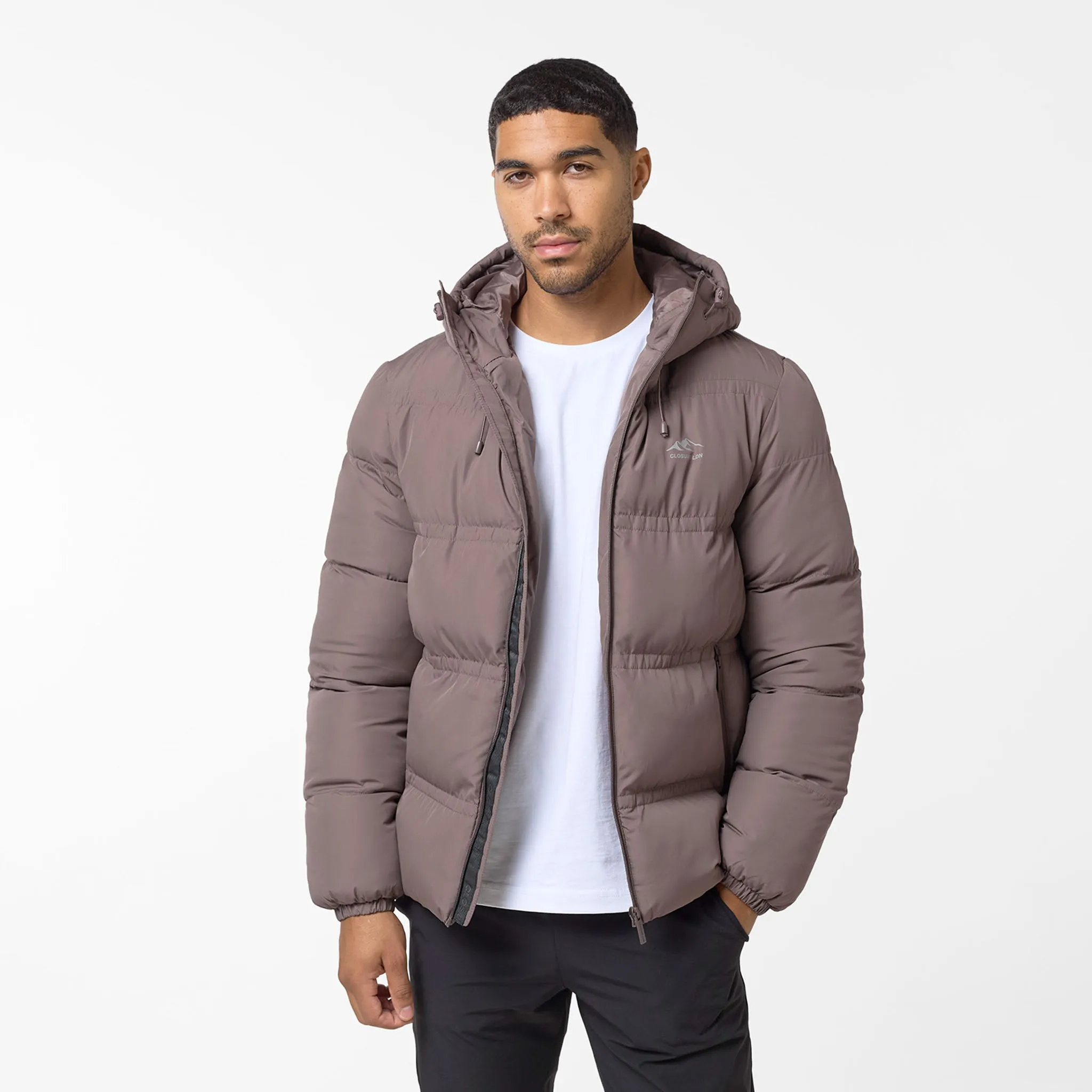 ModularLayering Slip Resistant Grip Logo Racer Puffer Jacket | Brown