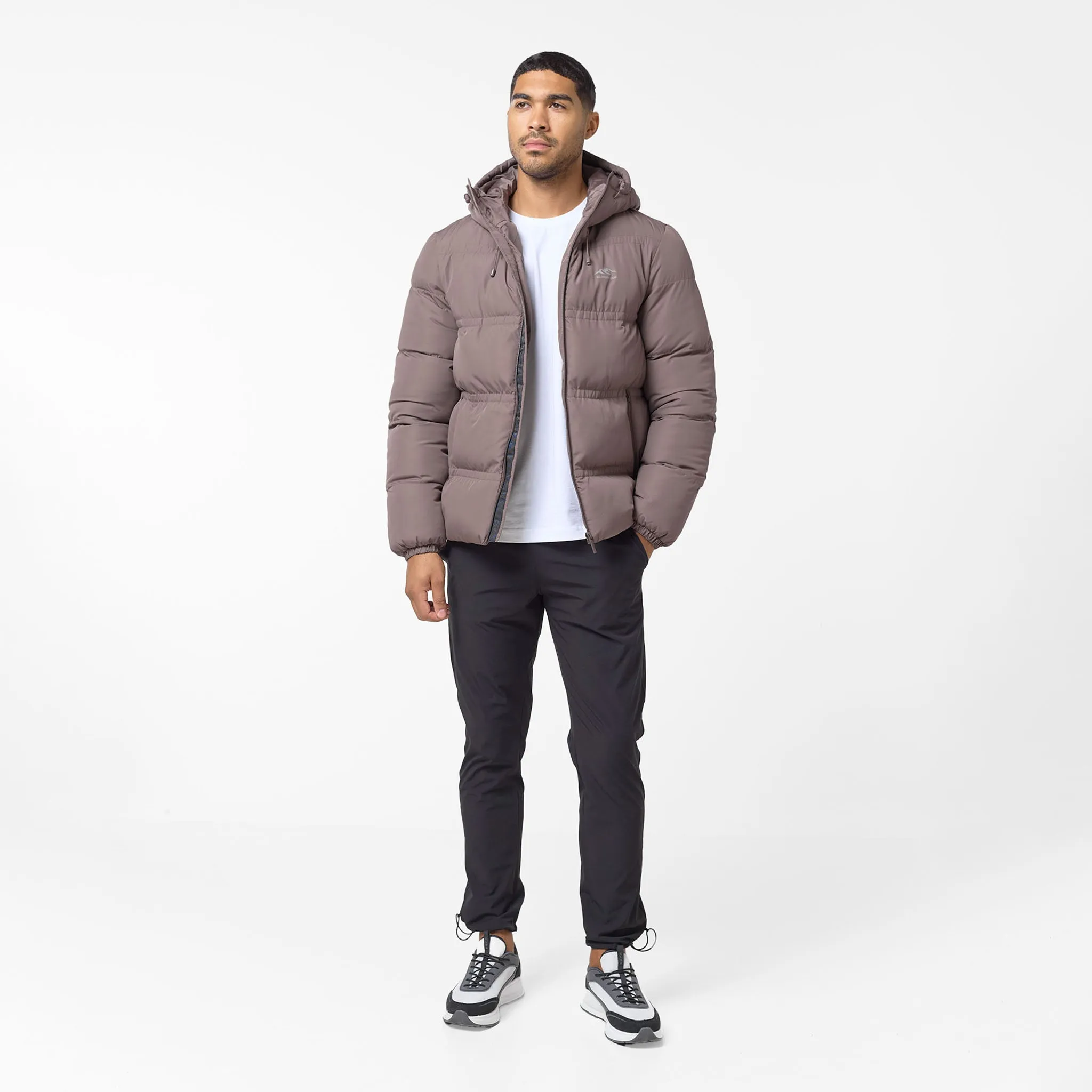 Logo Racer Puffer Jacket | Brown HighCollarDesign
