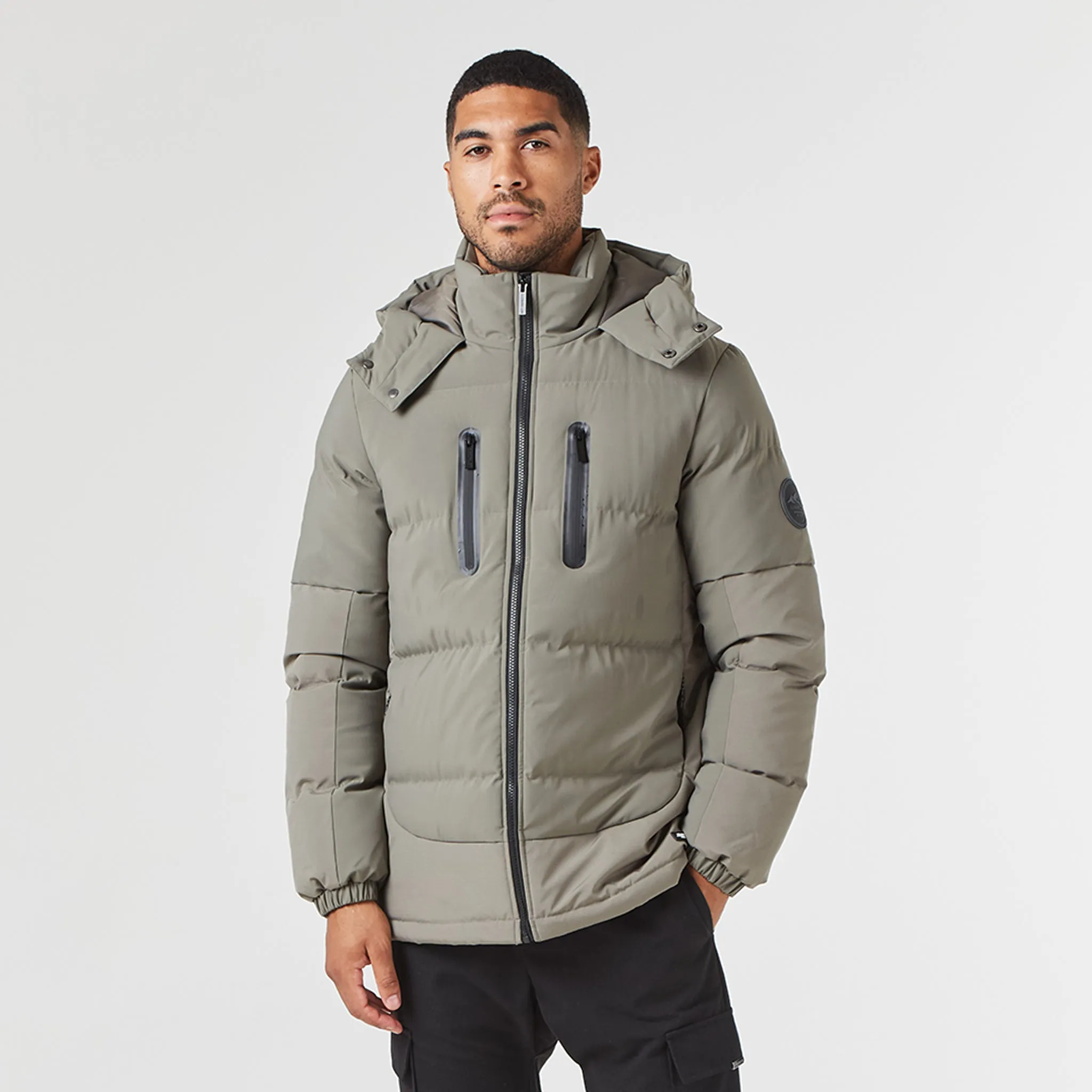 Contrast Panel Puffer Jacket | Washed Khaki Mesh Lining