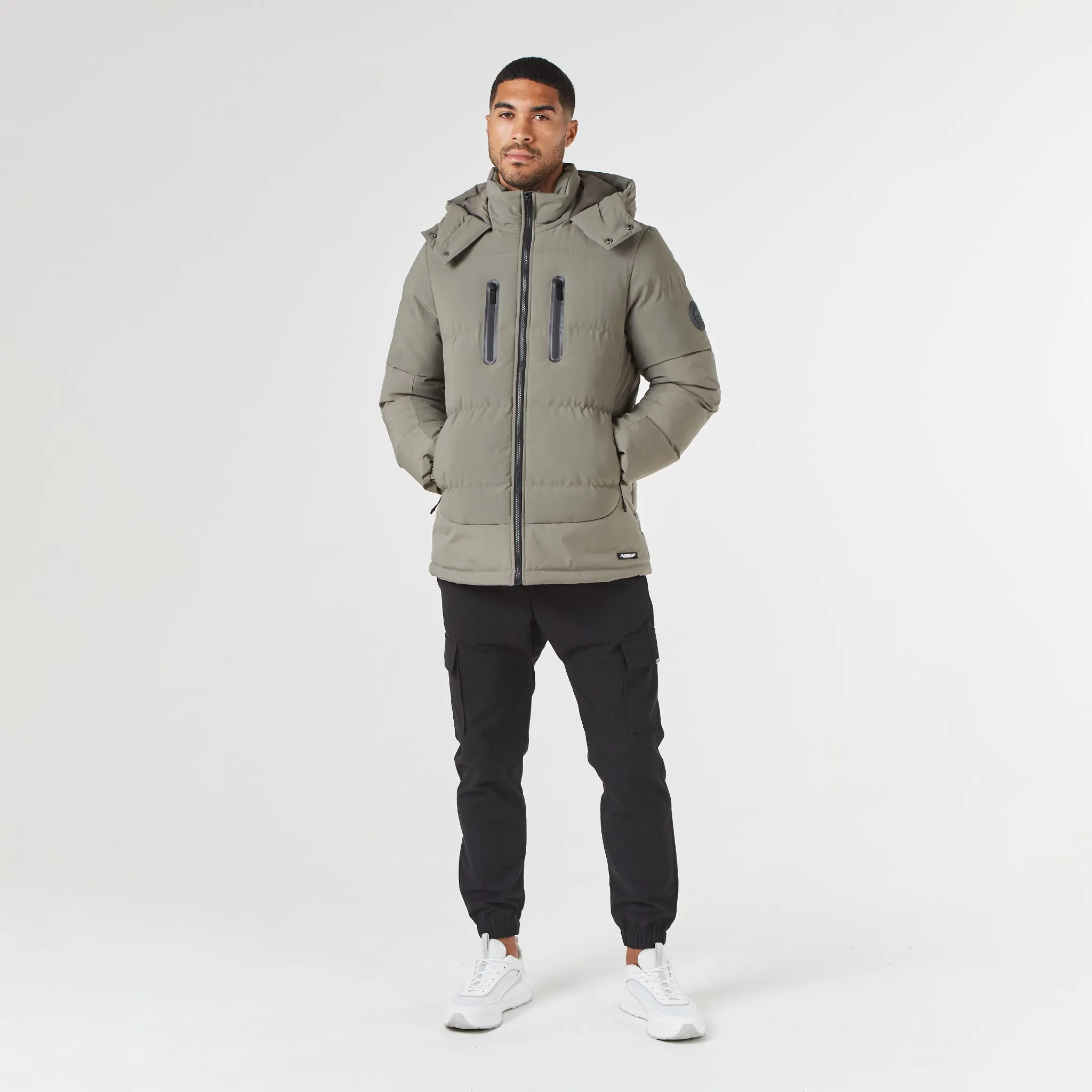 Comfort Fit Contrast Panel Puffer Jacket | Washed Khaki