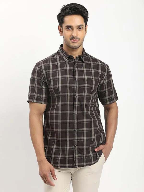 Mesh Insert Men Checked Half Sleeve Cotton Shirt