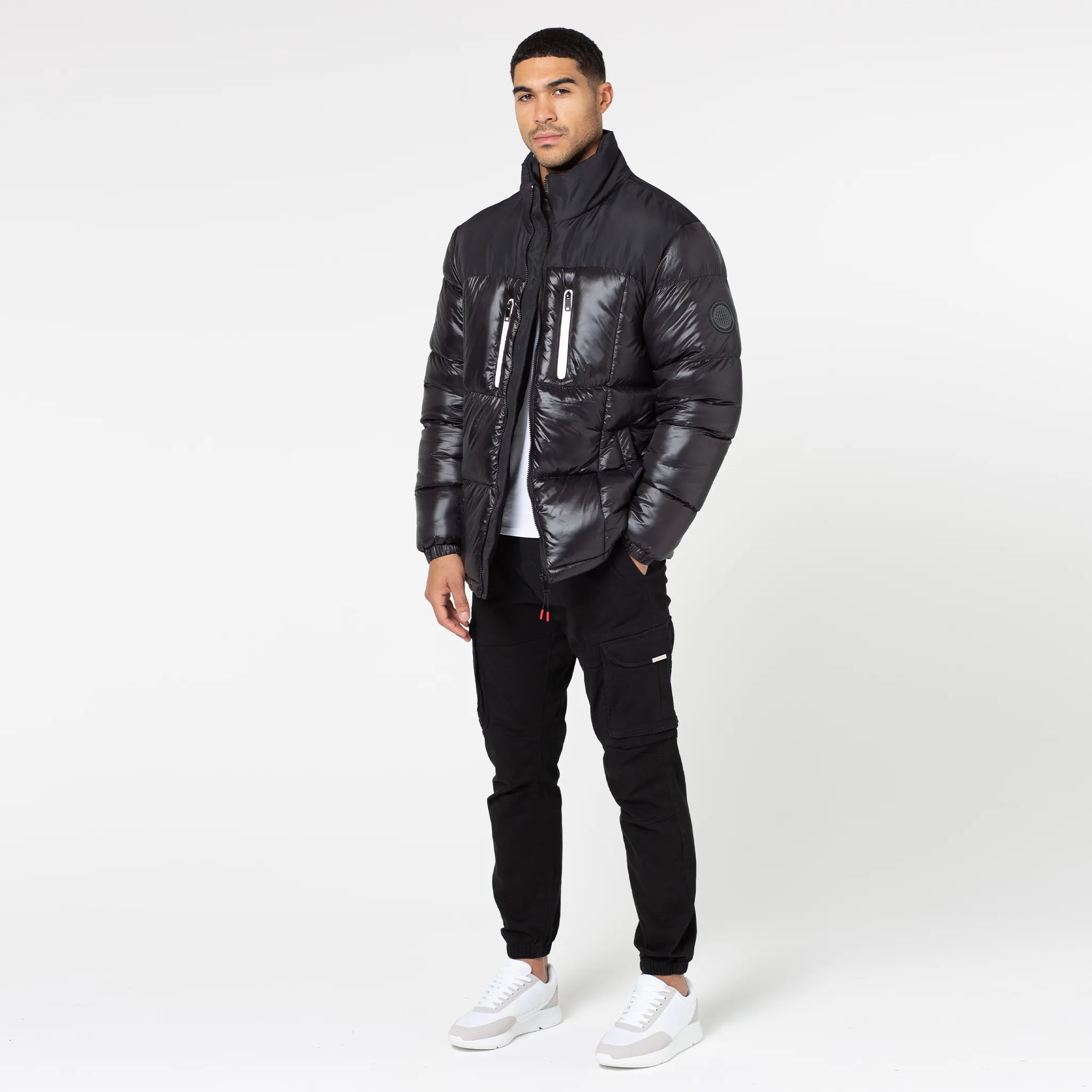 Street Comfort Fit Sustainable Packaging Contrast Zipped Funnel Neck Puffer Jacket | Black Shine