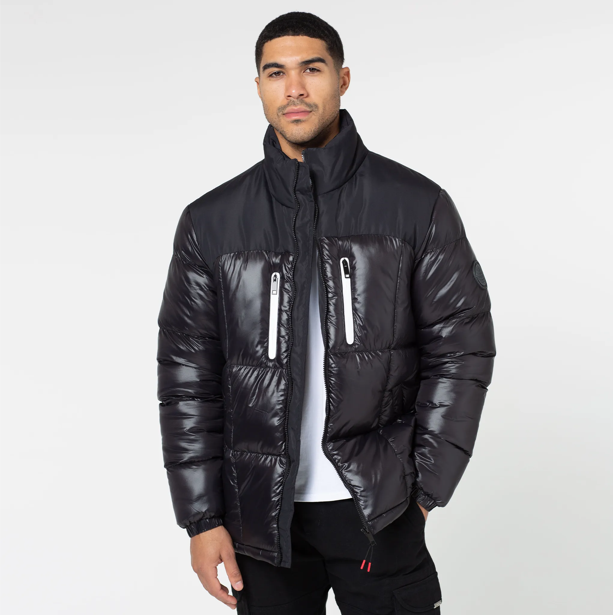 Contrast Zipped Funnel Neck Puffer Jacket | Black Shine Laser Cut Airflow Vents Windbreaker Style