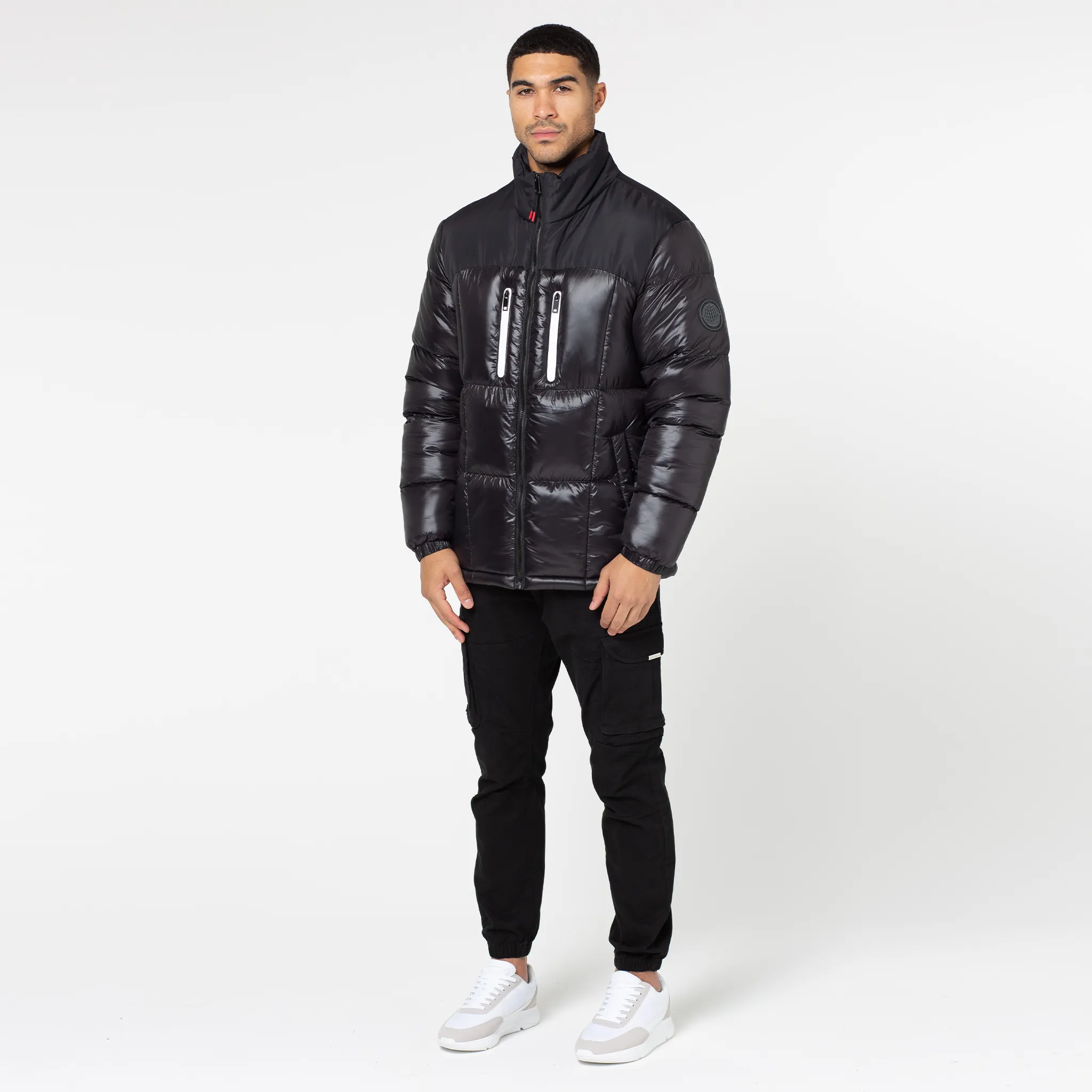 Soft Fleece Lining Flat Lock Stitching Contrast Zipped Funnel Neck Puffer Jacket | Black Shine