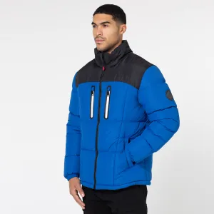 Contrast Zipped Funnel Neck Puffer Jacket | Cobalt Blue Dual Layer Insulation
