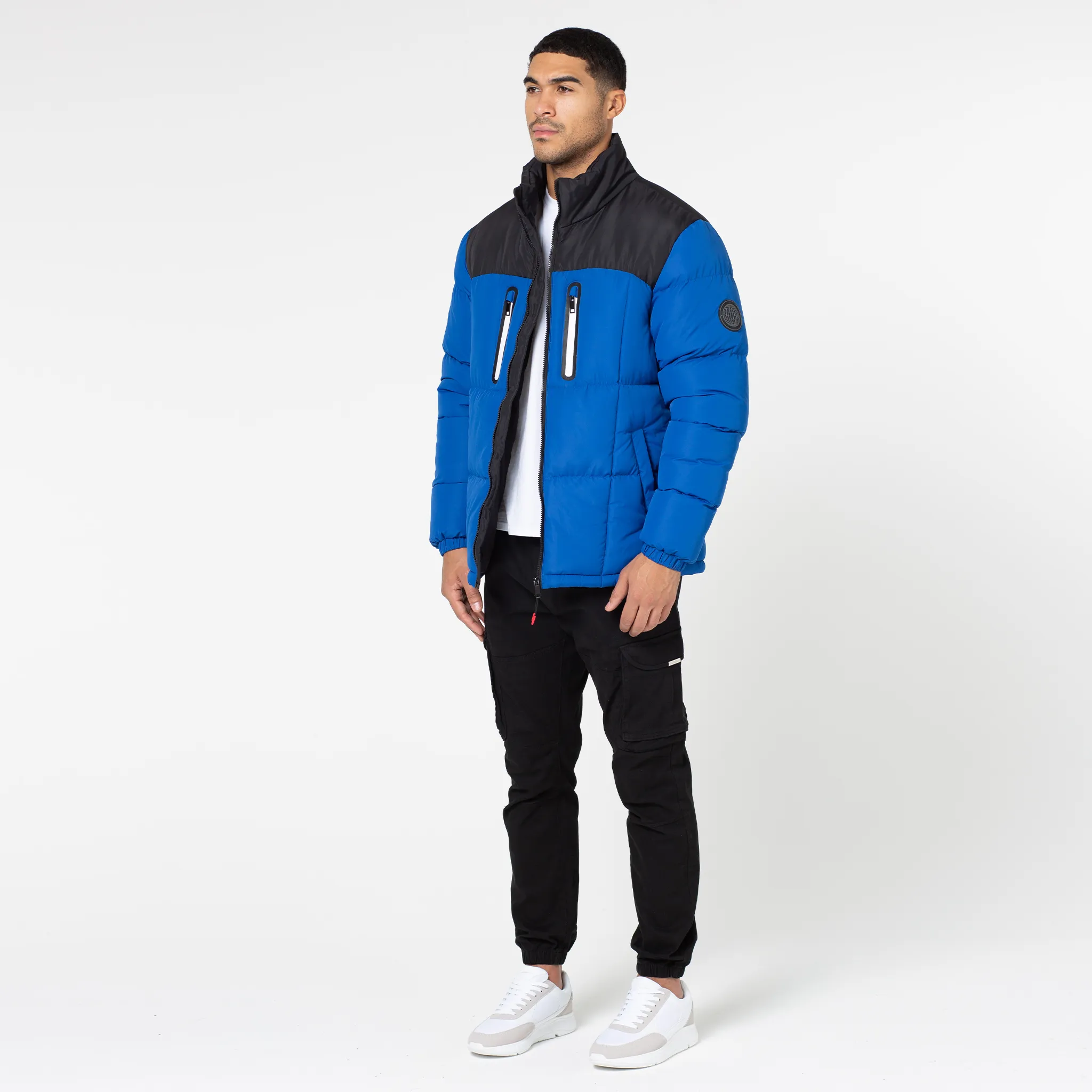 Contrast Zipped Funnel Neck Puffer Jacket | Cobalt Blue Modular Attachment Loops Wool blend