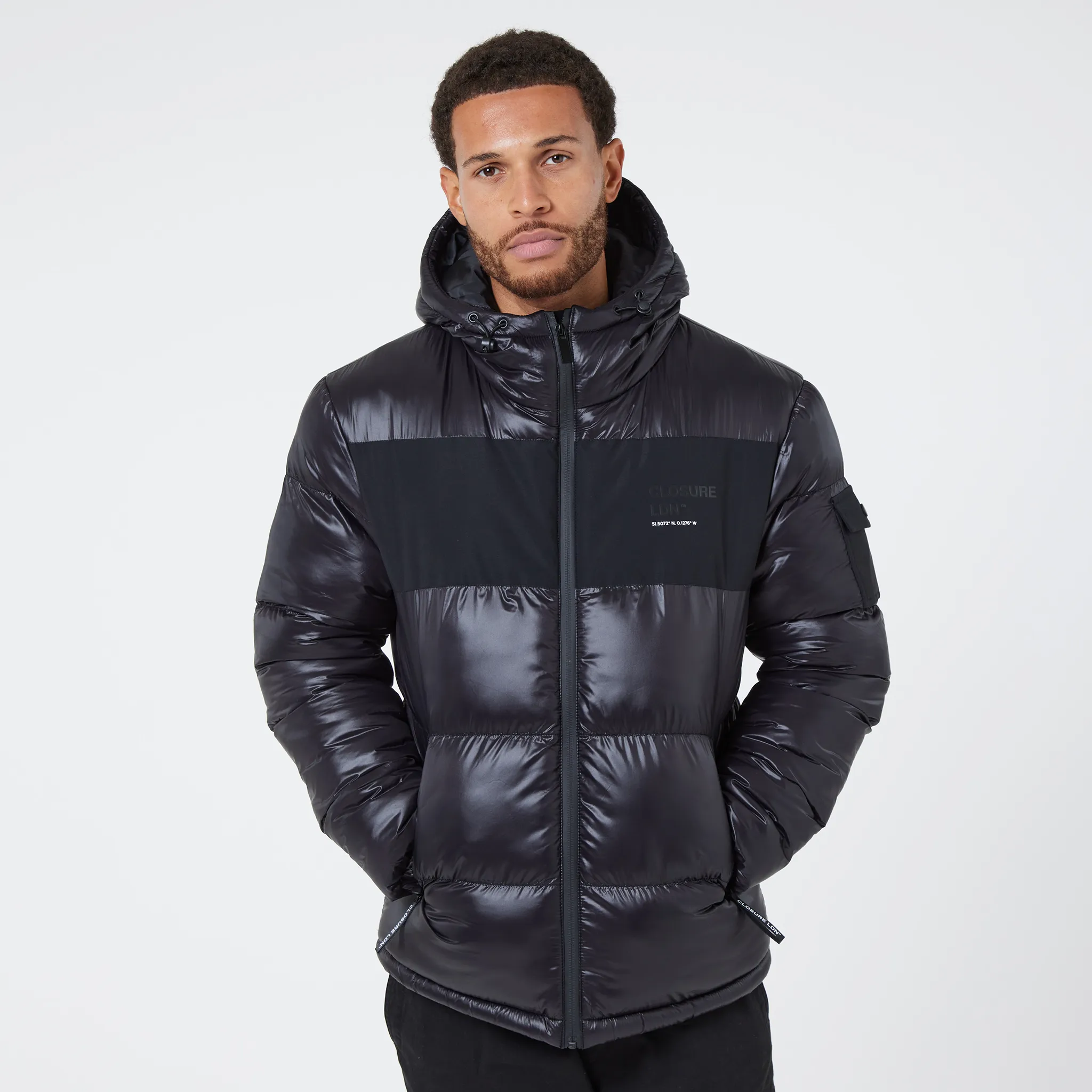 Ventilated Back Branded LDN Pocket Puffer Jacket | Black Shine
